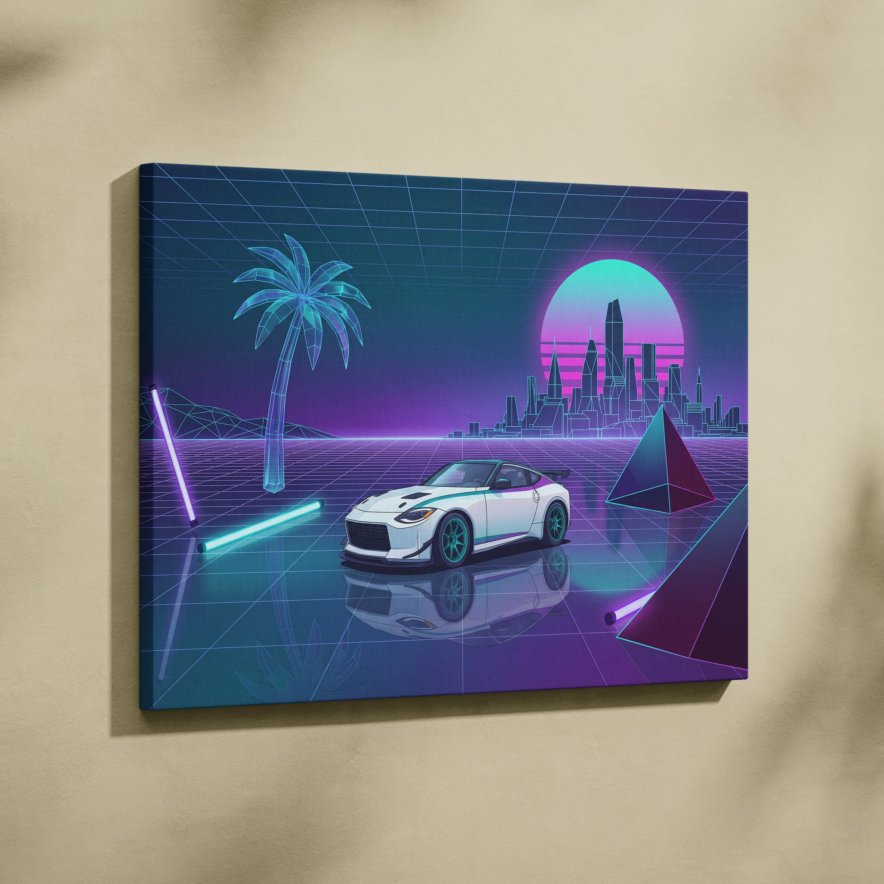 Nissan Z Inspired White Purple Canvas Wall Art Vaporwave Neon City Car Artwork, Cyberpunk Sports Car Garage Decor