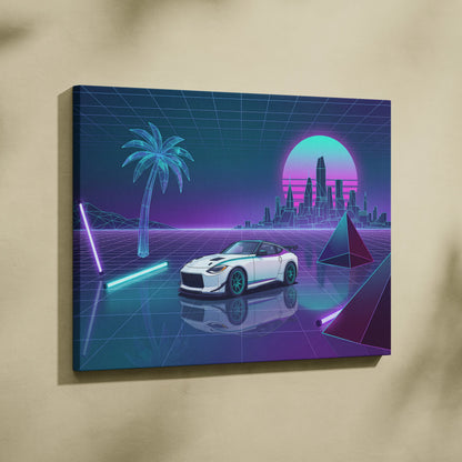 Nissan Z Inspired White Purple Canvas Wall Art Vaporwave Neon City Car Artwork, Cyberpunk Sports Car Garage Decor