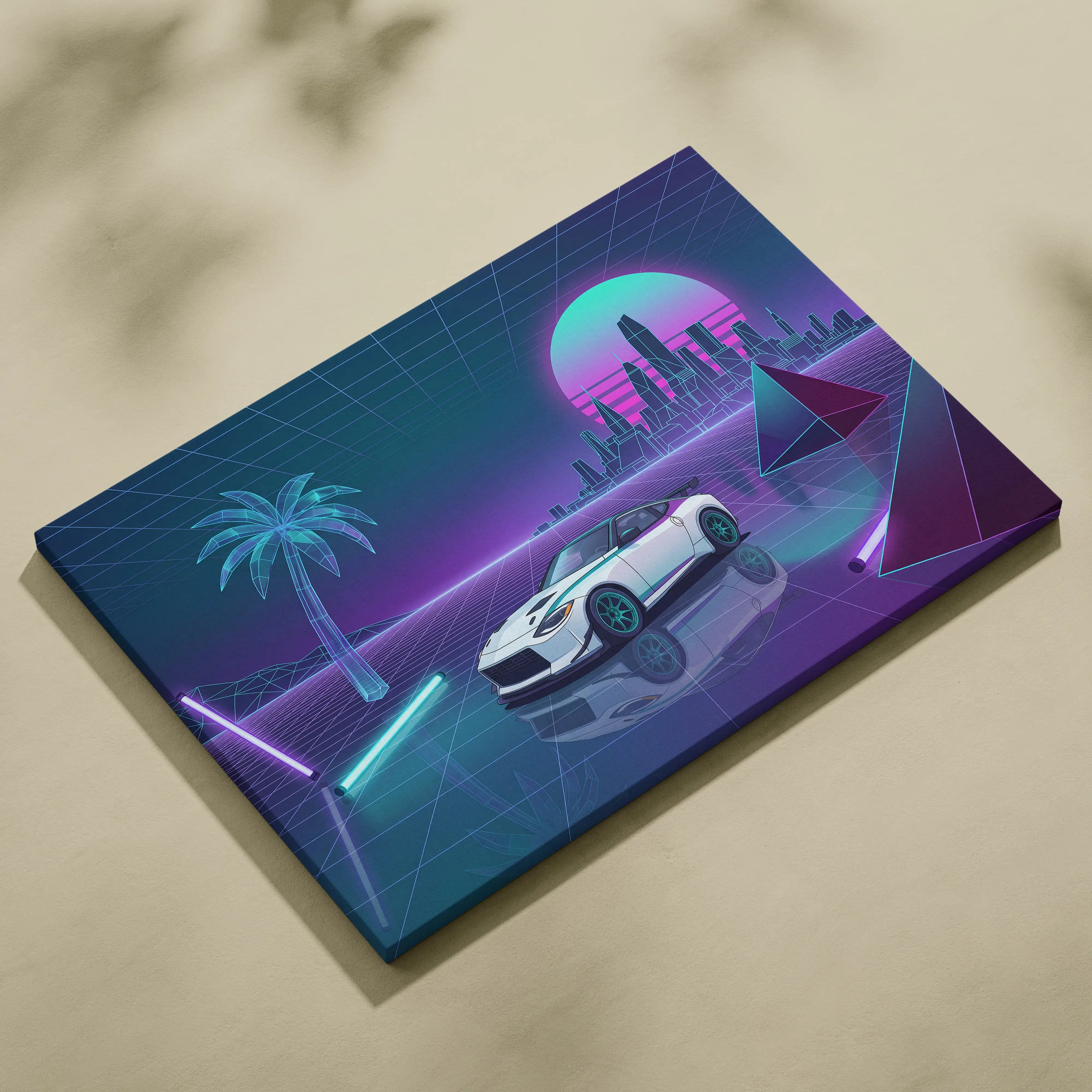 Nissan Z Inspired White Purple Canvas Wall Art Vaporwave Neon City Car Artwork, Cyberpunk Sports Car Garage Decor