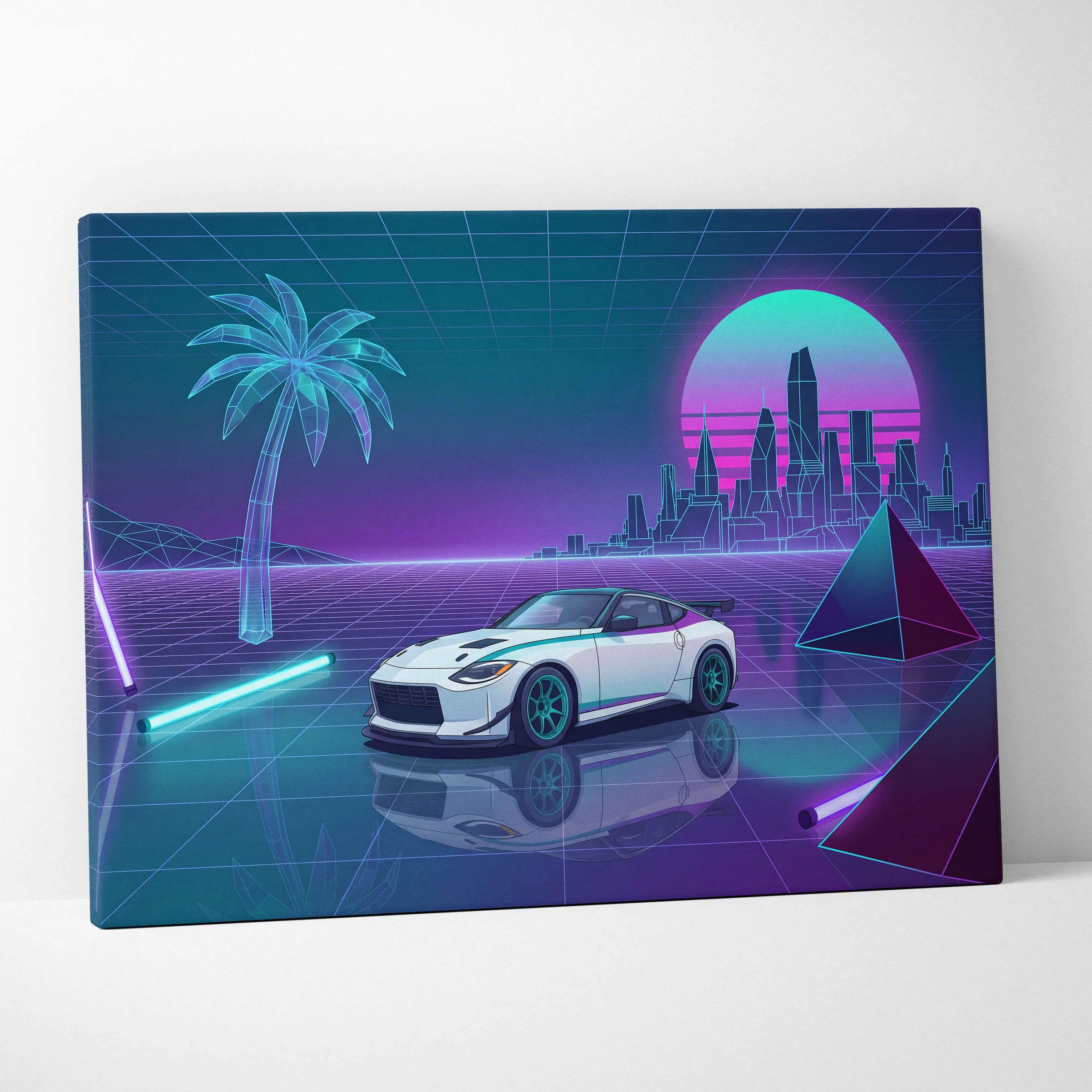Nissan Z Inspired White Purple Canvas Wall Art Vaporwave Neon City Car Artwork, Cyberpunk Sports Car Garage Decor