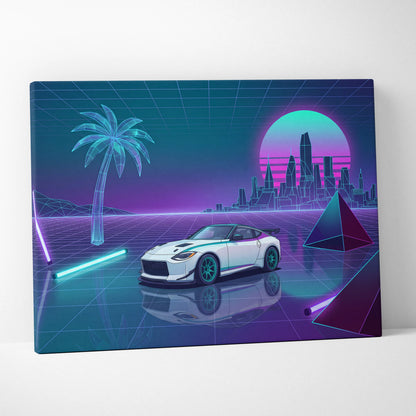 Nissan Z Inspired White Purple Canvas Wall Art Vaporwave Neon City Car Artwork, Cyberpunk Sports Car Garage Decor
