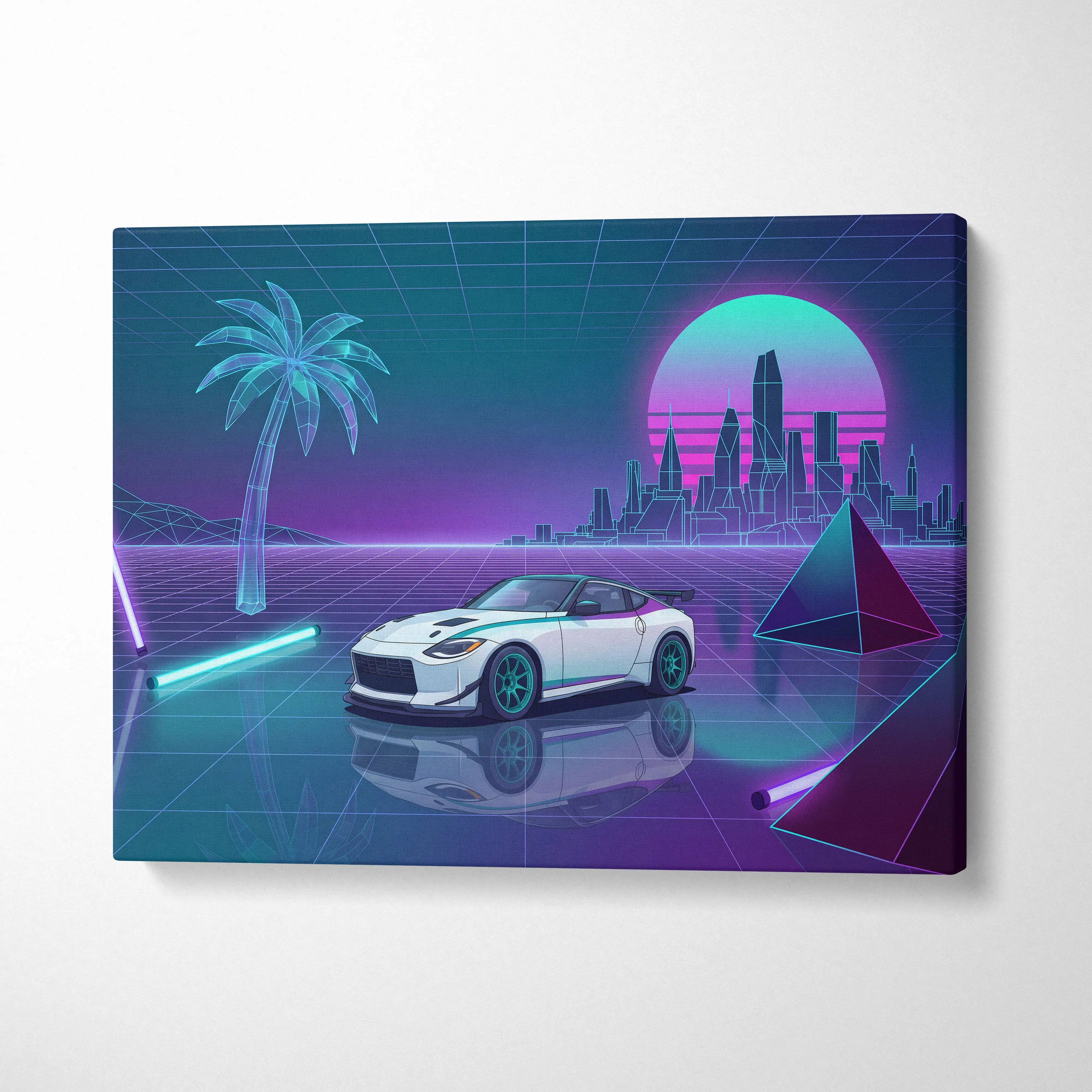 Nissan Z Inspired White Purple Canvas Wall Art Vaporwave Neon City Car Artwork, Cyberpunk Sports Car Garage Decor