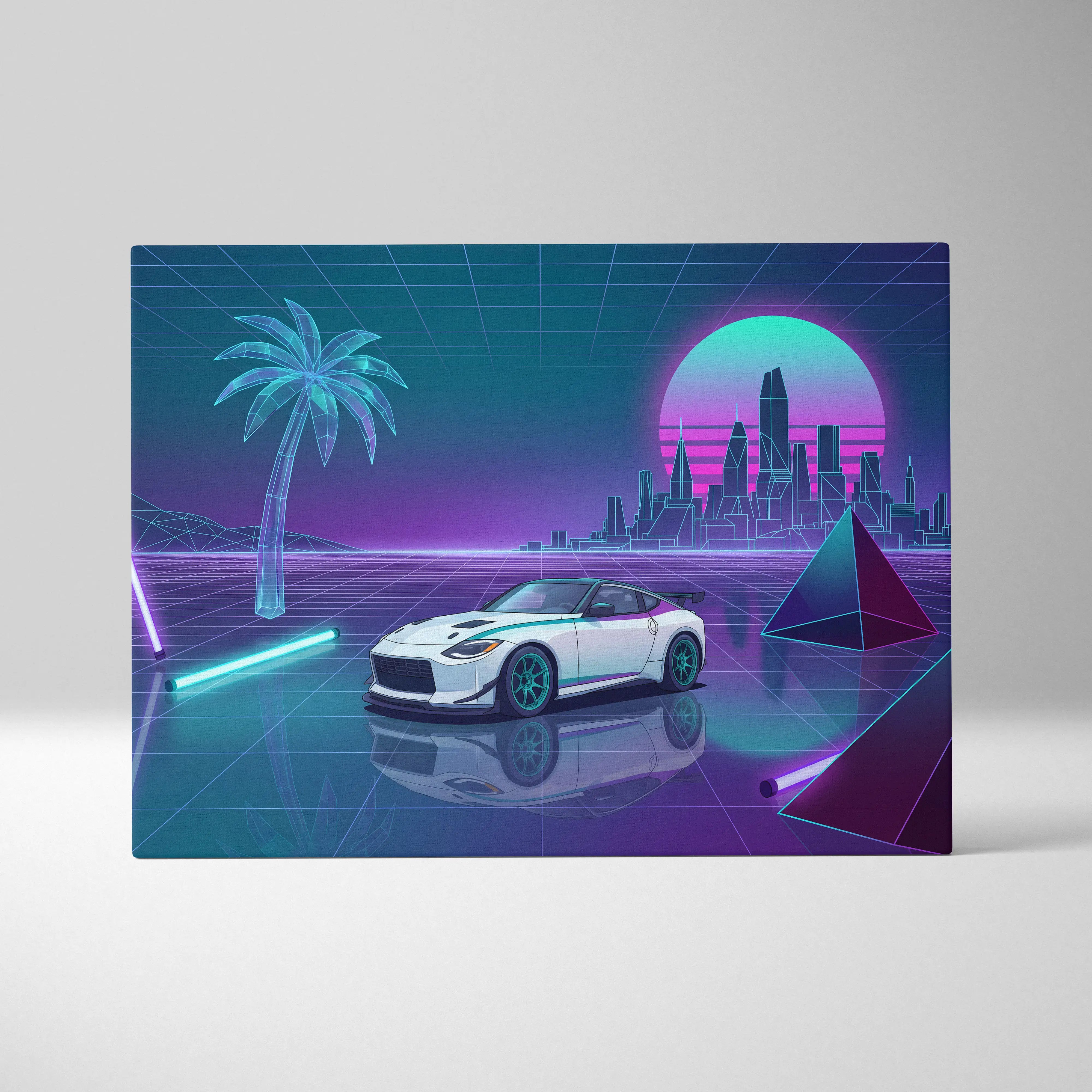 Nissan Z Inspired White Purple Canvas Wall Art Vaporwave Neon City Car Artwork, Cyberpunk Sports Car Garage Decor