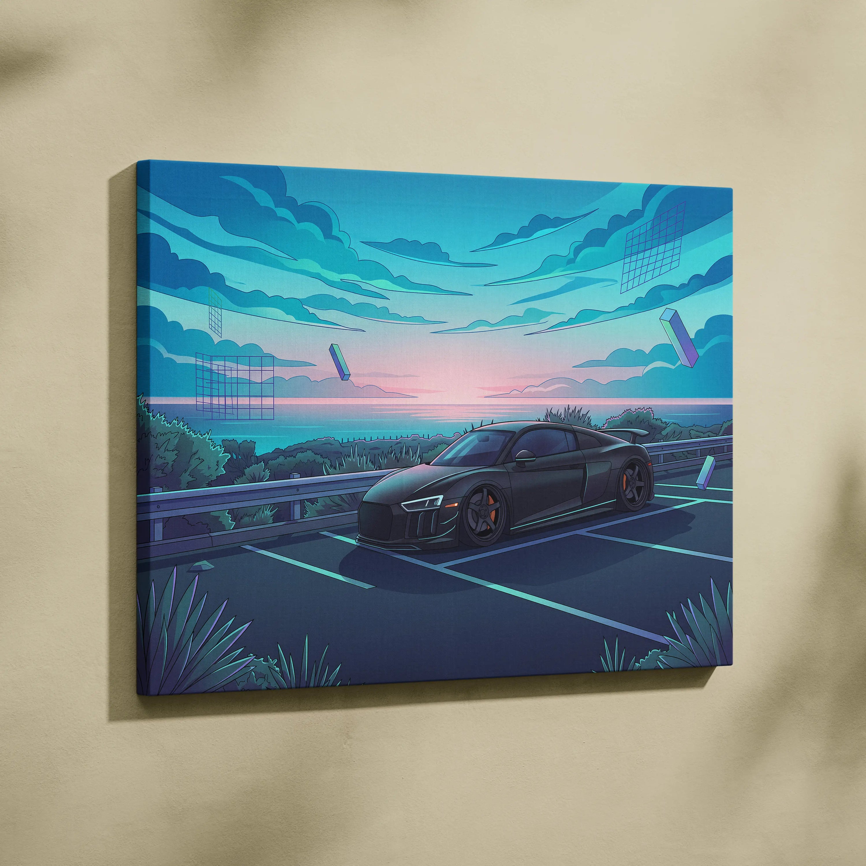Audi R8 Inspired Black Blue Canvas Wall Art Vaporwave Coastal Road Sports Car Artwork, Dreamy Neon Sunset Garage Decor
