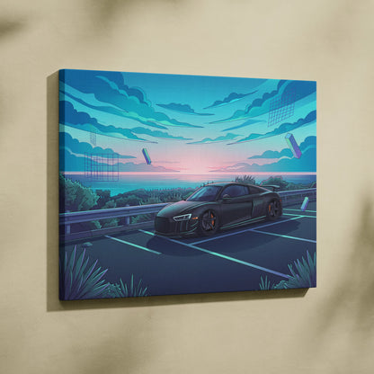 Audi R8 Inspired Black Blue Canvas Wall Art Vaporwave Coastal Road Sports Car Artwork, Dreamy Neon Sunset Garage Decor