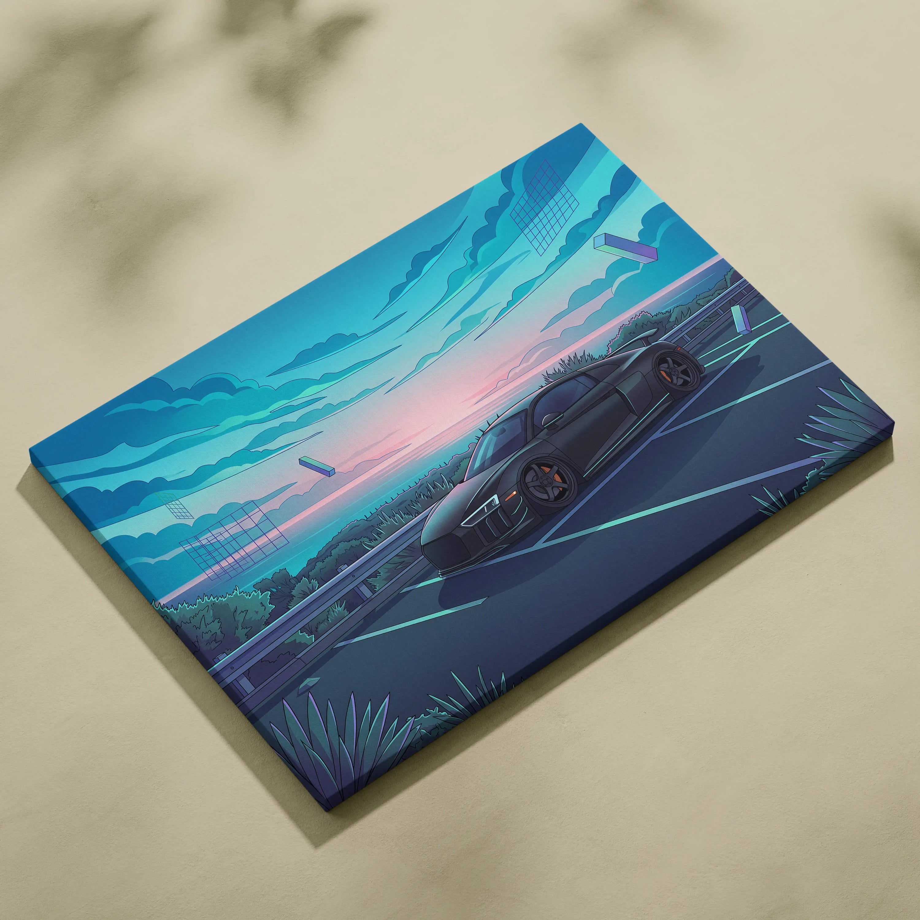 Audi R8 Inspired Black Blue Canvas Wall Art Vaporwave Coastal Road Sports Car Artwork, Dreamy Neon Sunset Garage Decor