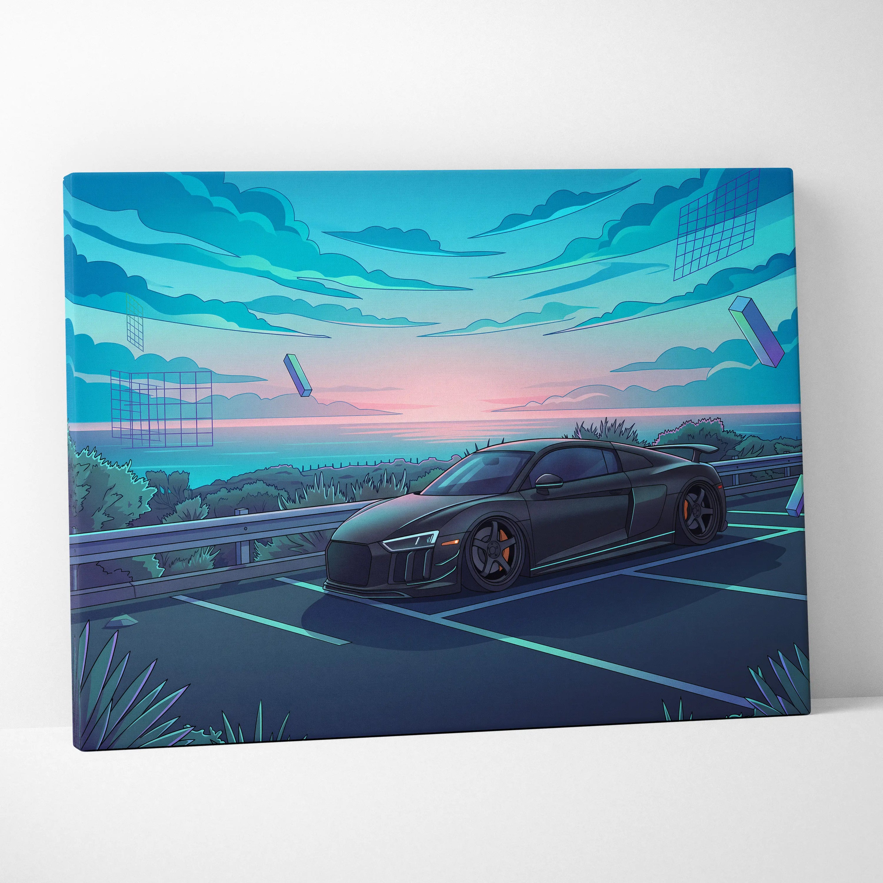 Audi R8 Inspired Black Blue Canvas Wall Art Vaporwave Coastal Road Sports Car Artwork, Dreamy Neon Sunset Garage Decor