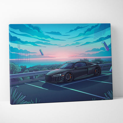 Audi R8 Inspired Black Blue Canvas Wall Art Vaporwave Coastal Road Sports Car Artwork, Dreamy Neon Sunset Garage Decor