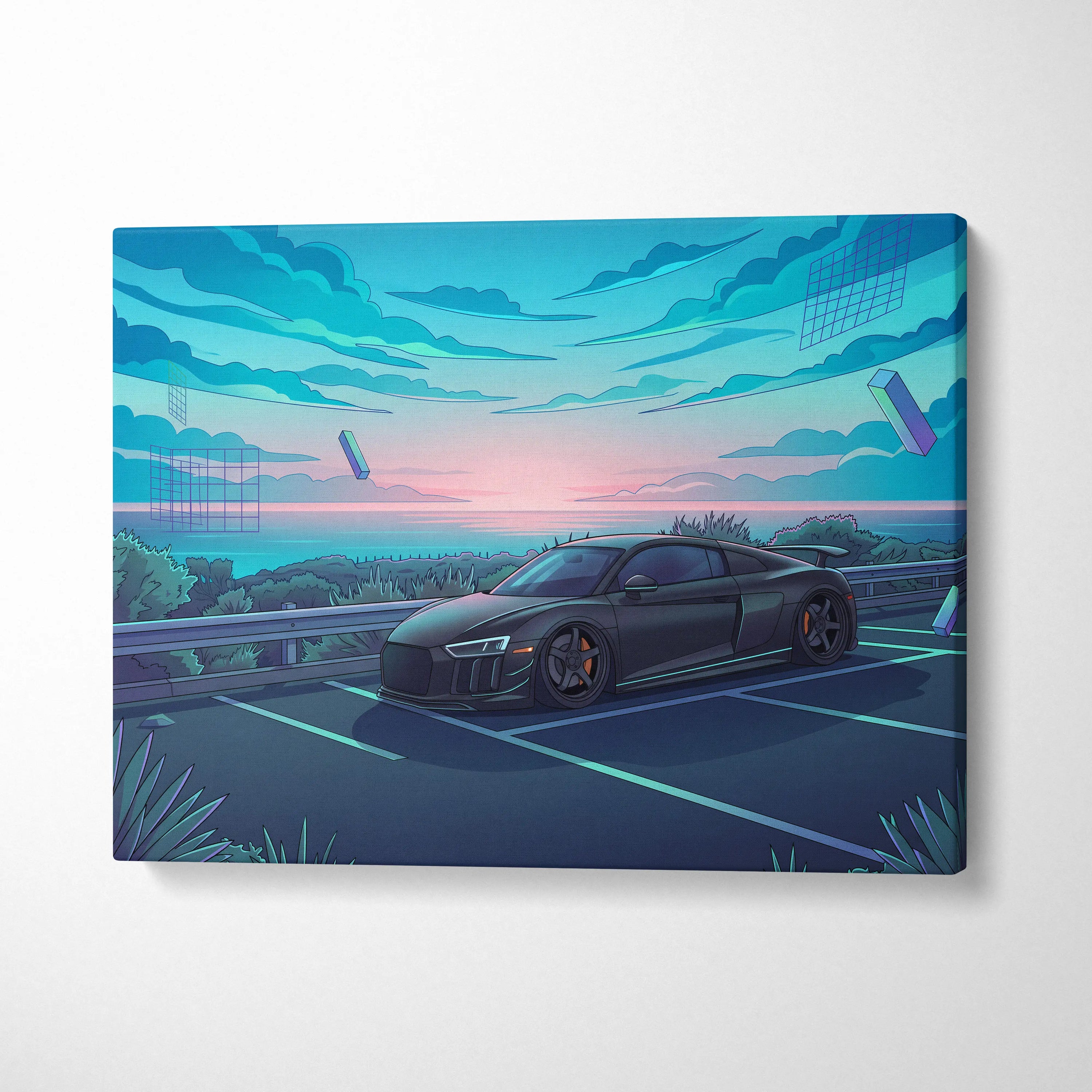 Audi R8 Inspired Black Blue Canvas Wall Art Vaporwave Coastal Road Sports Car Artwork, Dreamy Neon Sunset Garage Decor