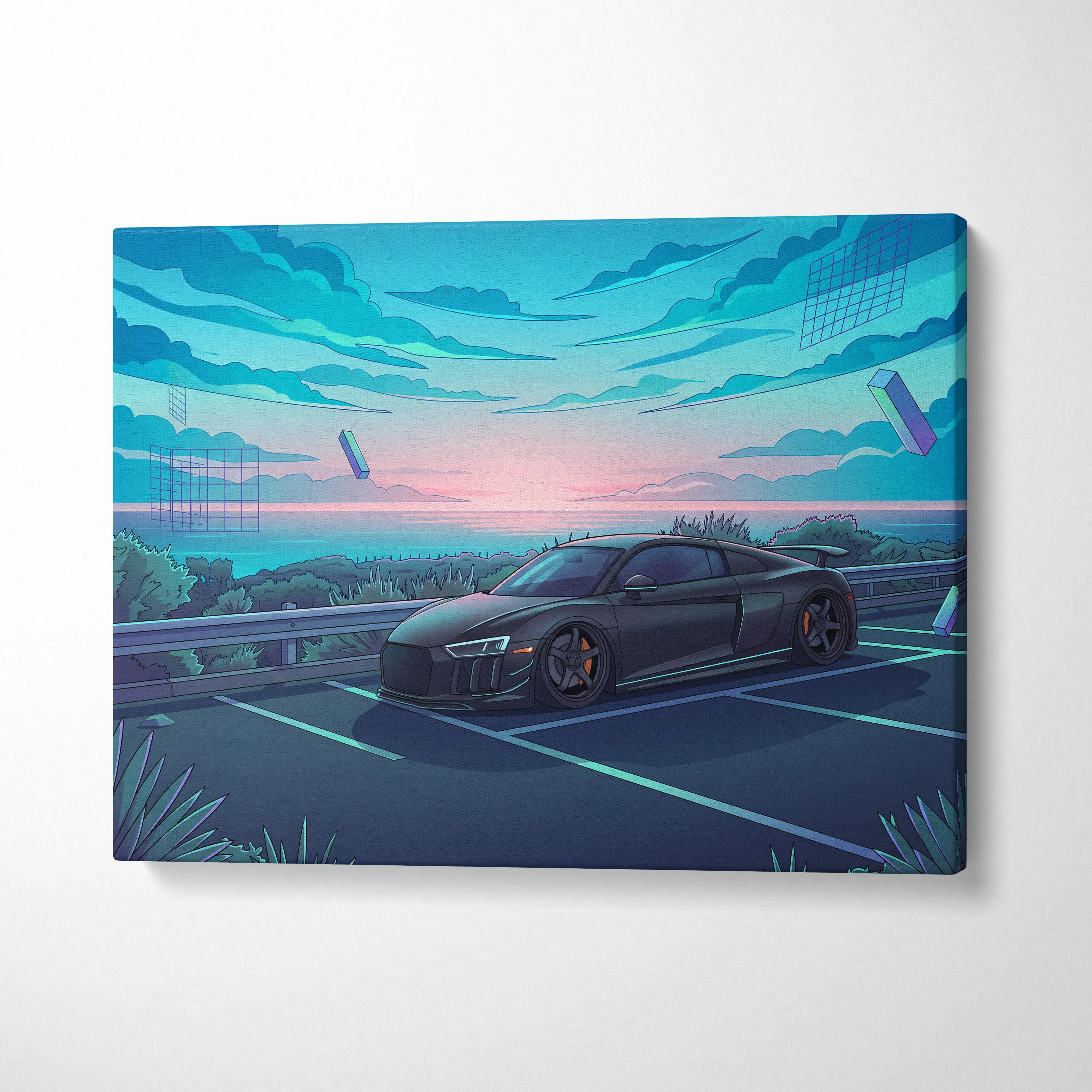 Audi R8 Inspired Black Blue Canvas Wall Art Vaporwave Coastal Road Sports Car Artwork, Dreamy Neon Sunset Garage Decor
