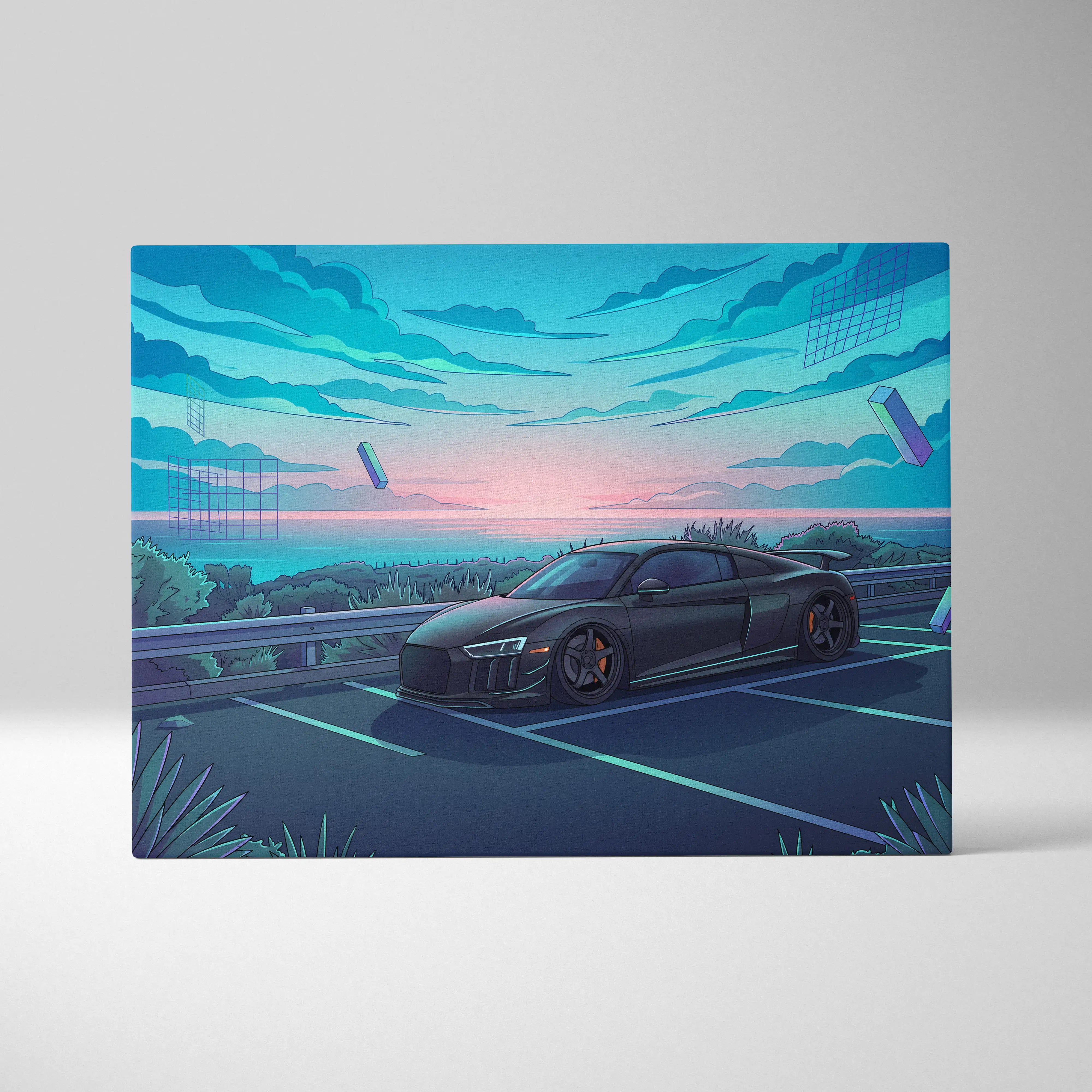 Audi R8 Inspired Black Blue Canvas Wall Art Vaporwave Coastal Road Sports Car Artwork, Dreamy Neon Sunset Garage Decor