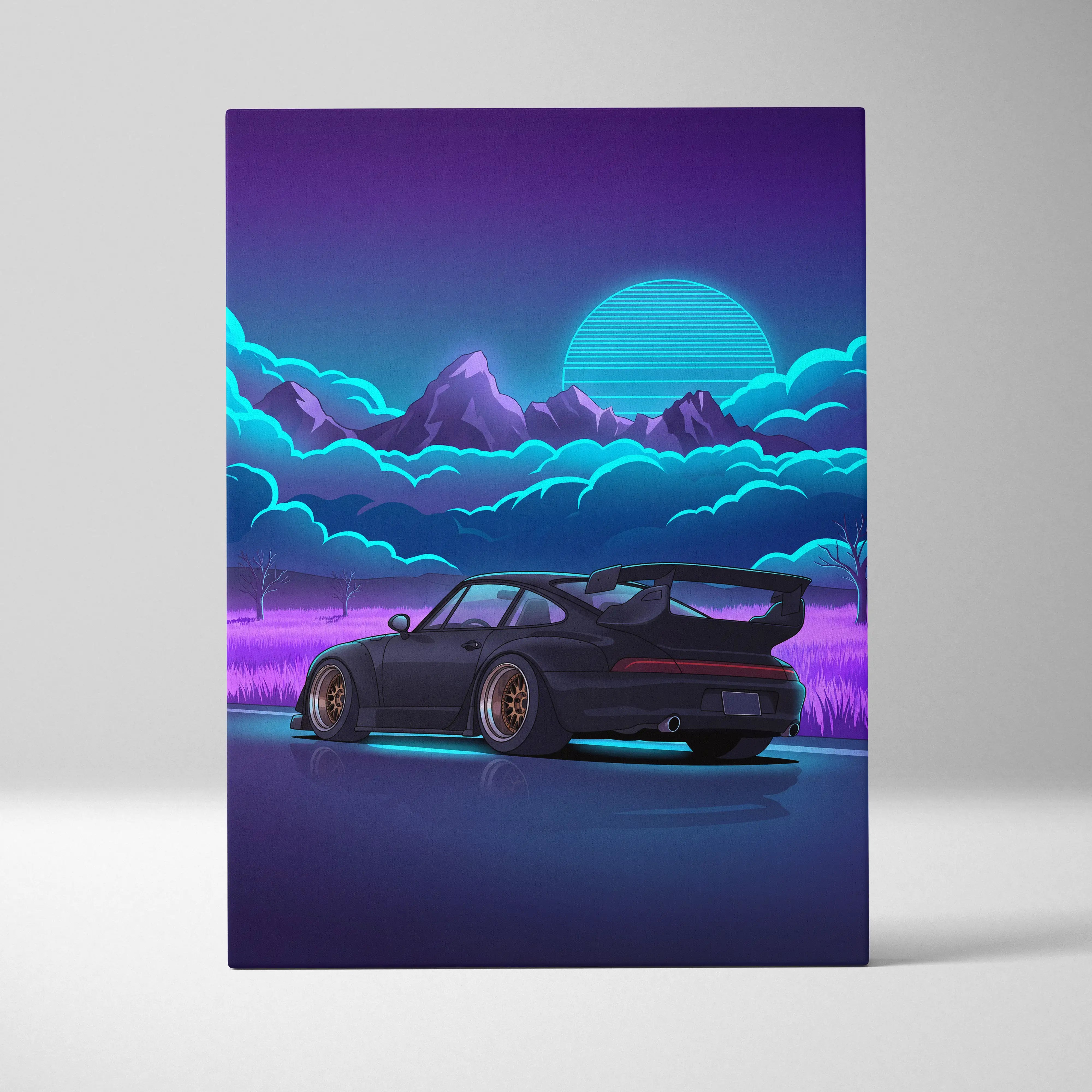 RWB Porsche 911 Turbo Inspired Black Purple Mountain Canvas Wall Art Vaporwave Sports Car Artwork, Neon Field Garage Decor Retro Futuristic Print