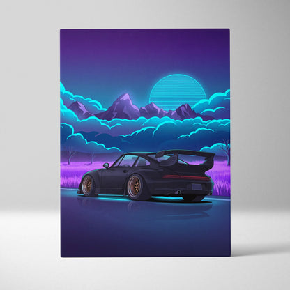 RWB Porsche 911 Turbo Inspired Black Purple Mountain Canvas Wall Art Vaporwave Sports Car Artwork, Neon Field Garage Decor Retro Futuristic Print