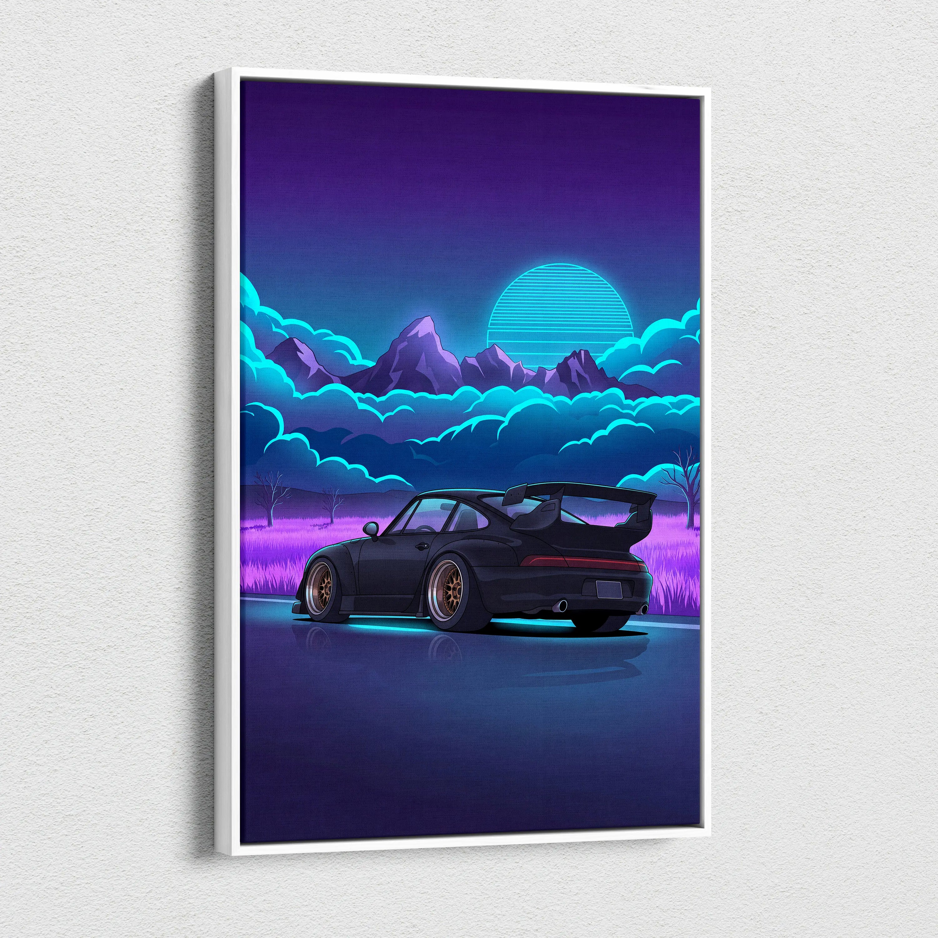 RWB Porsche 911 Turbo Inspired Black Purple Mountain Canvas Wall Art Vaporwave Sports Car Artwork, Neon Field Garage Decor Retro Futuristic Print