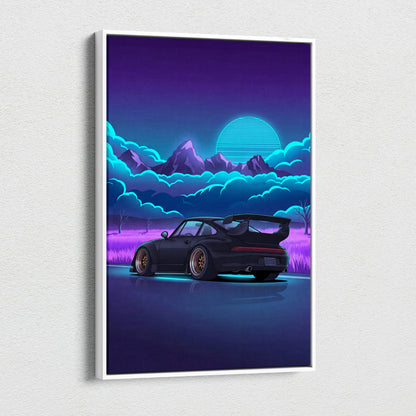 RWB Porsche 911 Turbo Inspired Black Purple Mountain Canvas Wall Art Vaporwave Sports Car Artwork, Neon Field Garage Decor Retro Futuristic Print