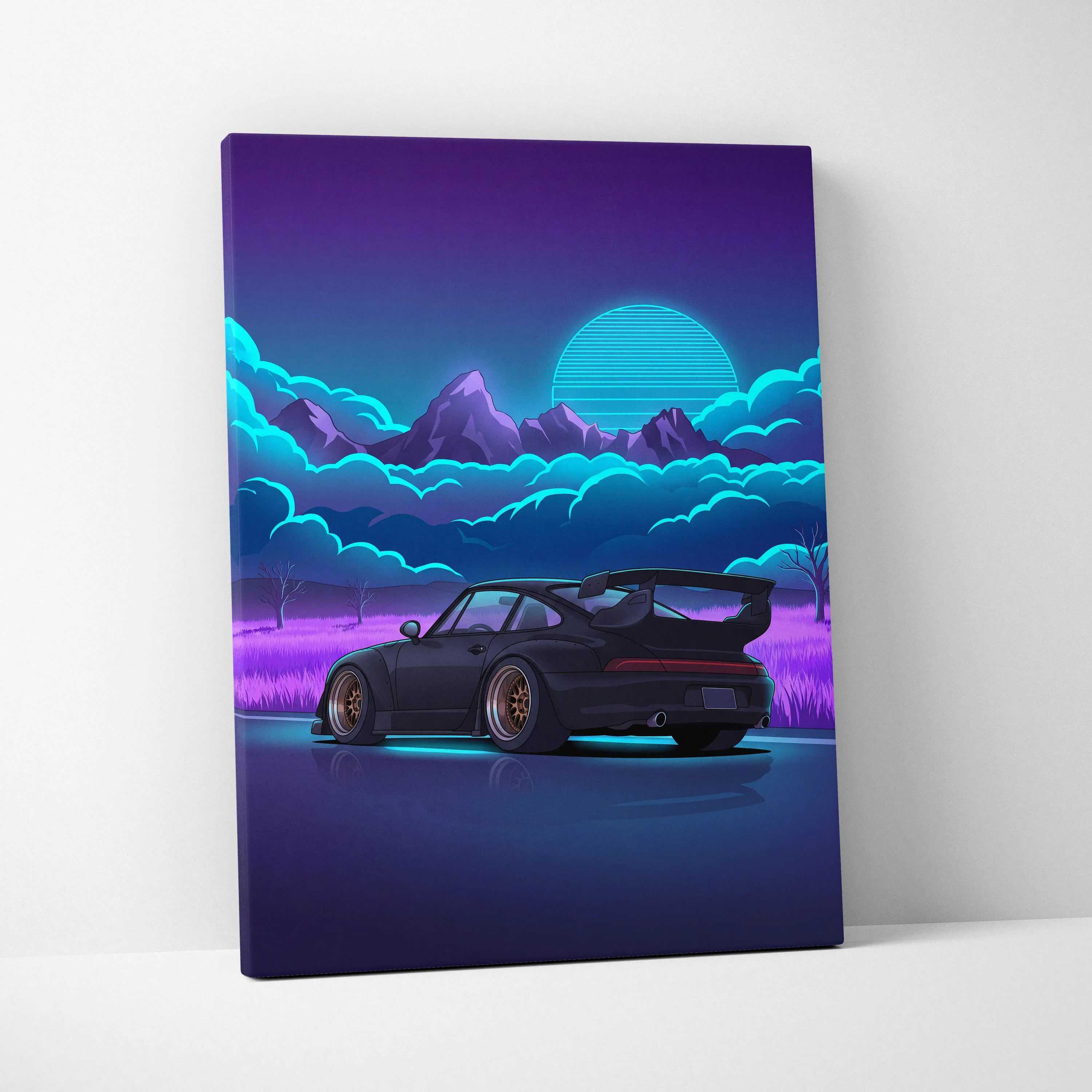 RWB Porsche 911 Turbo Inspired Black Purple Mountain Canvas Wall Art Vaporwave Sports Car Artwork, Neon Field Garage Decor Retro Futuristic Print