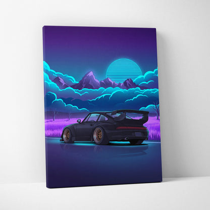 RWB Porsche 911 Turbo Inspired Black Purple Mountain Canvas Wall Art Vaporwave Sports Car Artwork, Neon Field Garage Decor Retro Futuristic Print