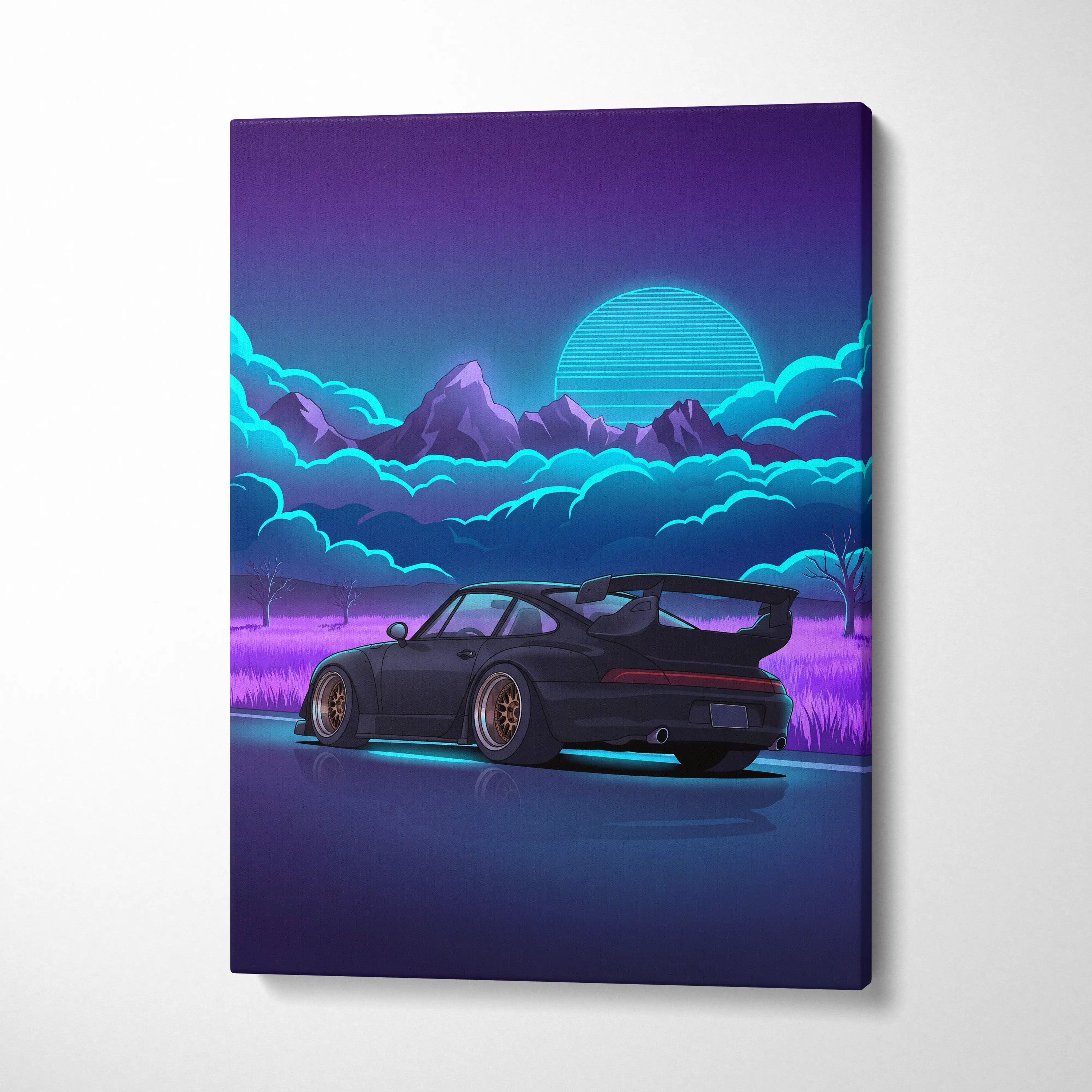 RWB Porsche 911 Turbo Inspired Black Purple Mountain Canvas Wall Art Vaporwave Sports Car Artwork, Neon Field Garage Decor Retro Futuristic Print