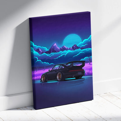 RWB Porsche 911 Turbo Inspired Black Purple Mountain Canvas Wall Art Vaporwave Sports Car Artwork, Neon Field Garage Decor Retro Futuristic Print
