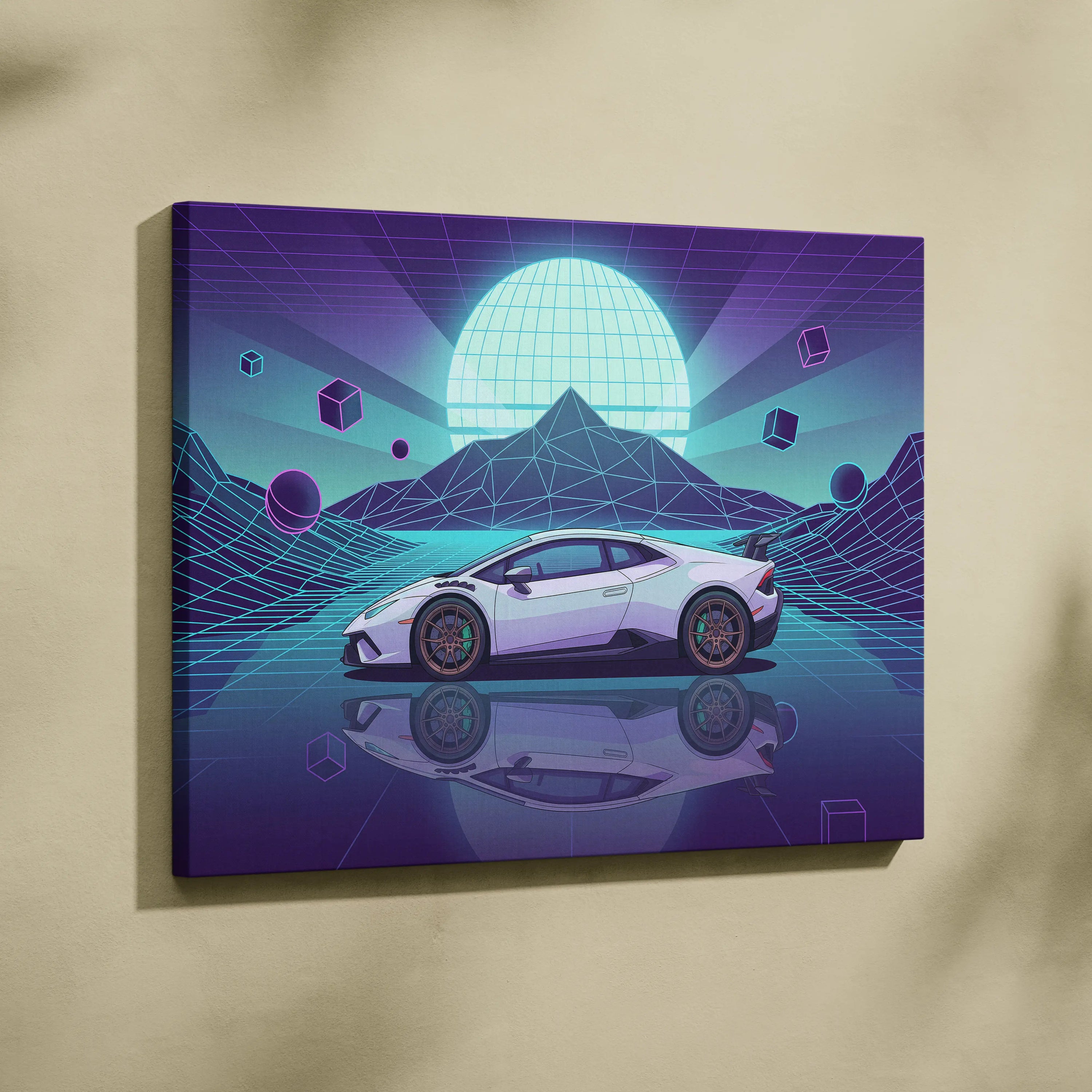 Lamborghini Huracan STO Inspired White Teal Canvas Wall Art Vaporwave Supercar Artwork Neon Grid Garage Decor Futuristic Mountain Print