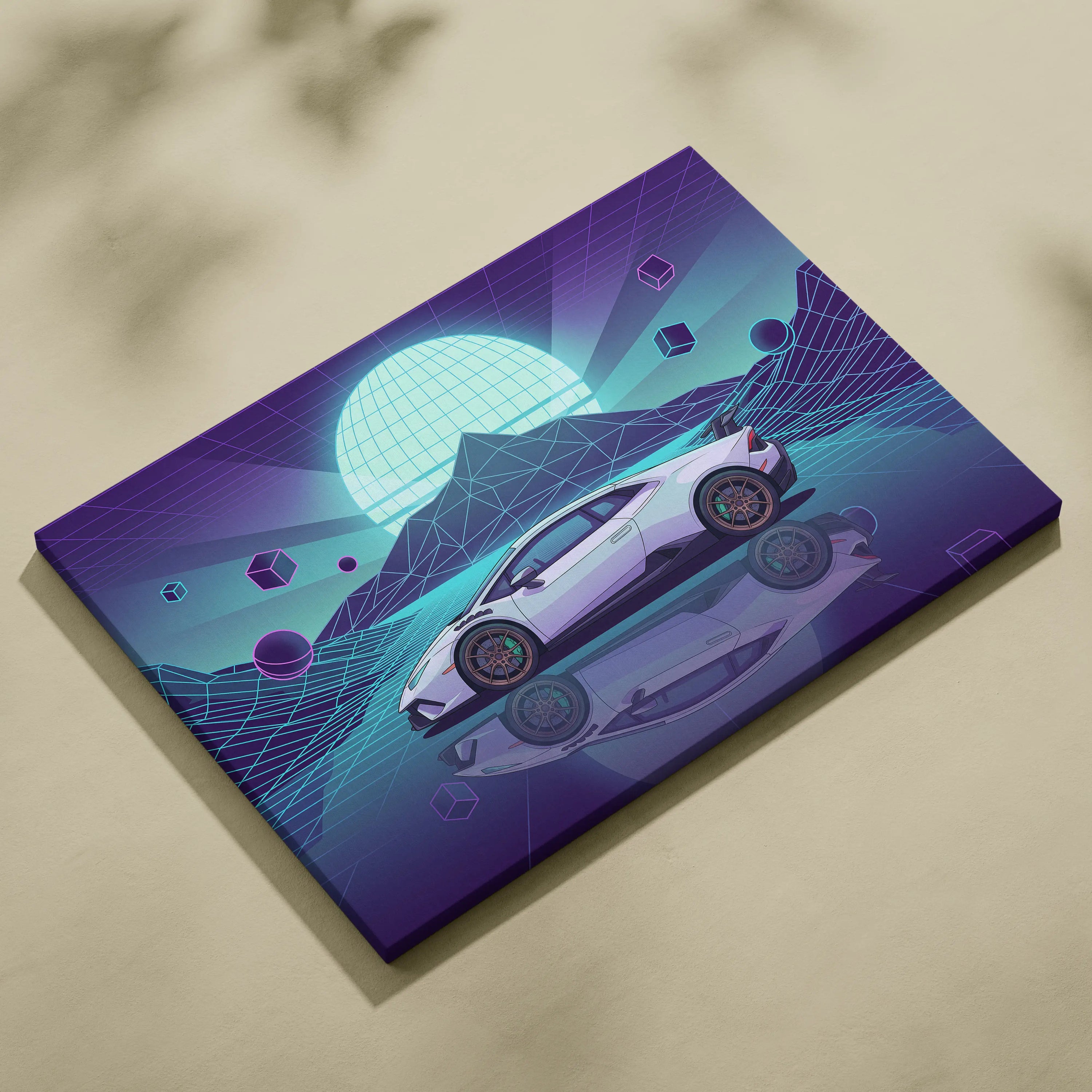 Lamborghini Huracan STO Inspired White Teal Canvas Wall Art Vaporwave Supercar Artwork Neon Grid Garage Decor Futuristic Mountain Print