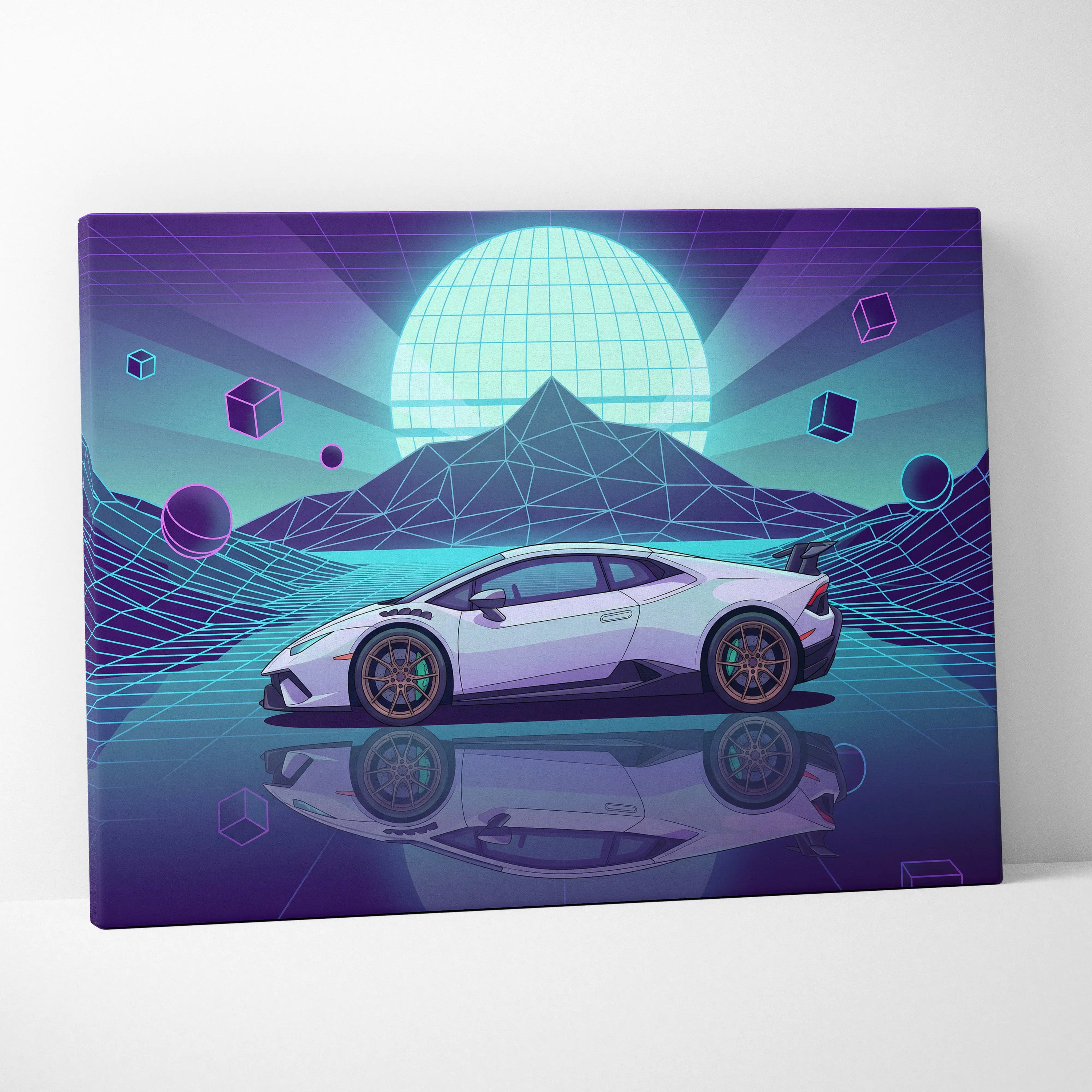 Lamborghini Huracan STO Inspired White Teal Canvas Wall Art Vaporwave Supercar Artwork Neon Grid Garage Decor Futuristic Mountain Print