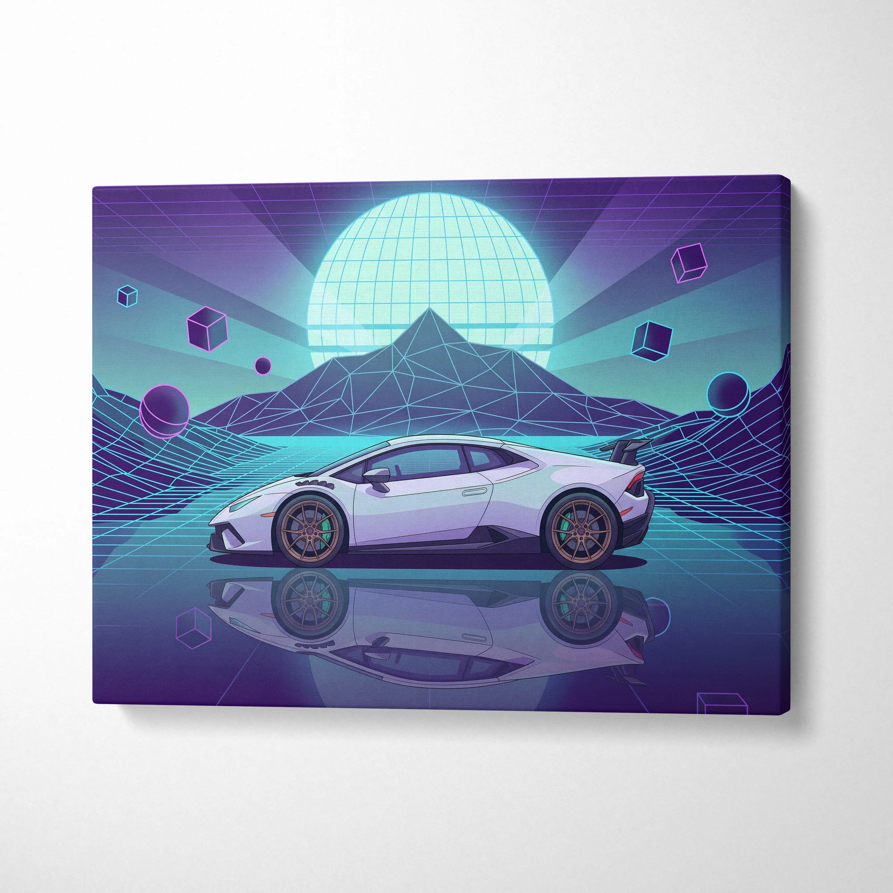 Lamborghini Huracan STO Inspired White Teal Canvas Wall Art Vaporwave Supercar Artwork Neon Grid Garage Decor Futuristic Mountain Print