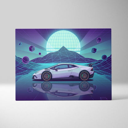 Lamborghini Huracan STO Inspired White Teal Canvas Wall Art Vaporwave Supercar Artwork Neon Grid Garage Decor Futuristic Mountain Print