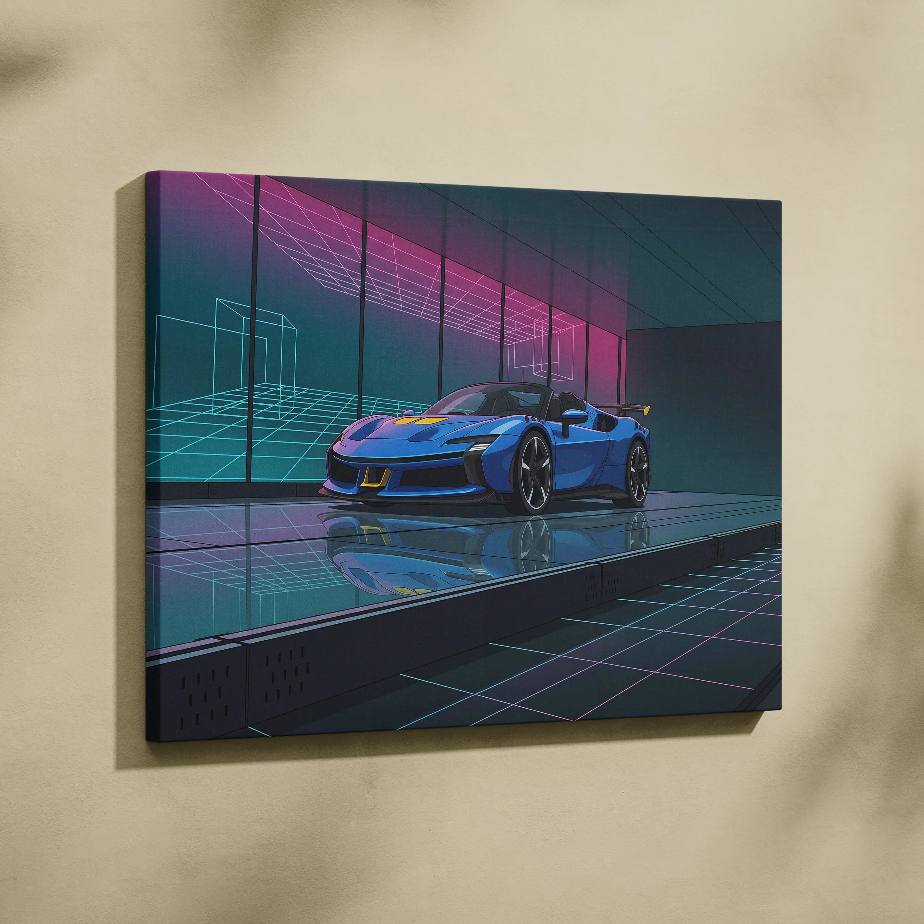 Ferrari SF90 Spider Inspired Blue Pink Canvas Wall Art, Vaporwave Supercar Artwork, Neon Grid Garage Decor, Retro Futuristic Exotic Print