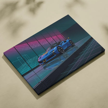 Ferrari SF90 Spider Inspired Blue Pink Canvas Wall Art, Vaporwave Supercar Artwork, Neon Grid Garage Decor, Retro Futuristic Exotic Print