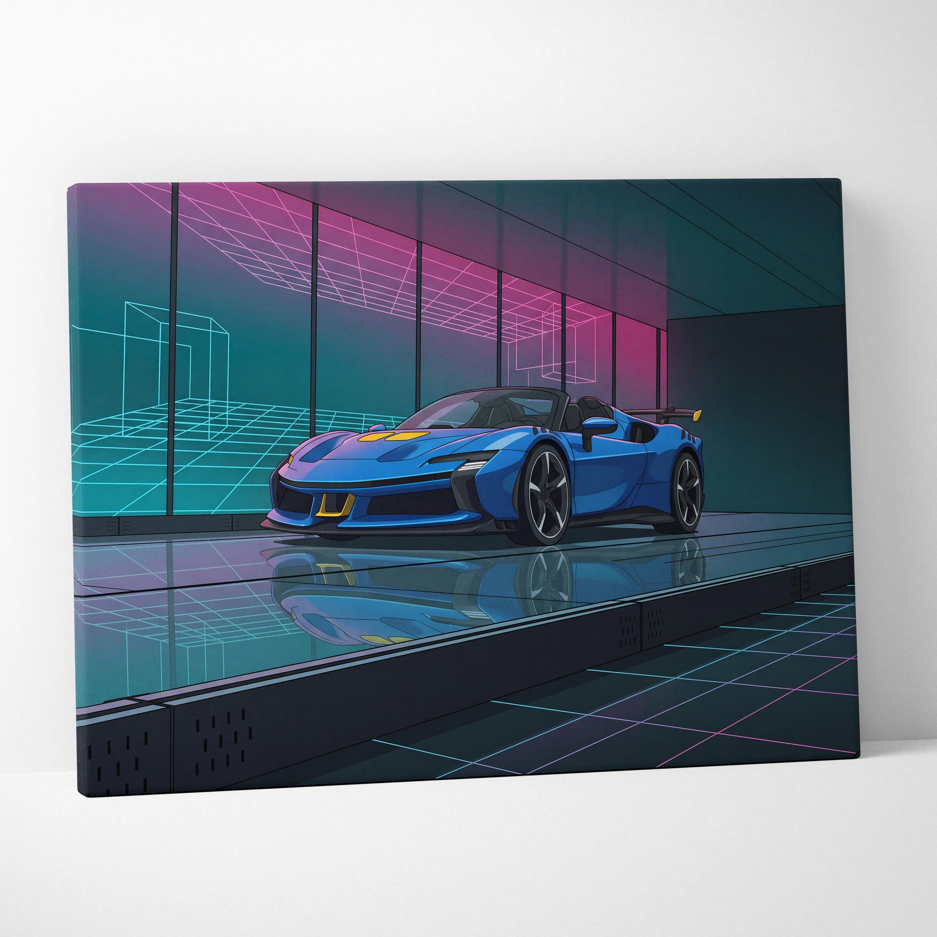Ferrari SF90 Spider Inspired Blue Pink Canvas Wall Art, Vaporwave Supercar Artwork, Neon Grid Garage Decor, Retro Futuristic Exotic Print