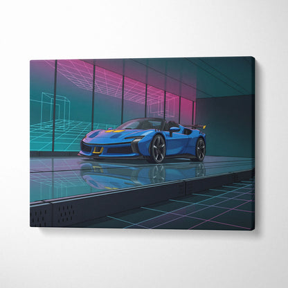 Ferrari SF90 Spider Inspired Blue Pink Canvas Wall Art, Vaporwave Supercar Artwork, Neon Grid Garage Decor, Retro Futuristic Exotic Print