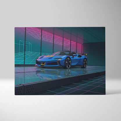 Ferrari SF90 Spider Inspired Blue Pink Canvas Wall Art, Vaporwave Supercar Artwork, Neon Grid Garage Decor, Retro Futuristic Exotic Print