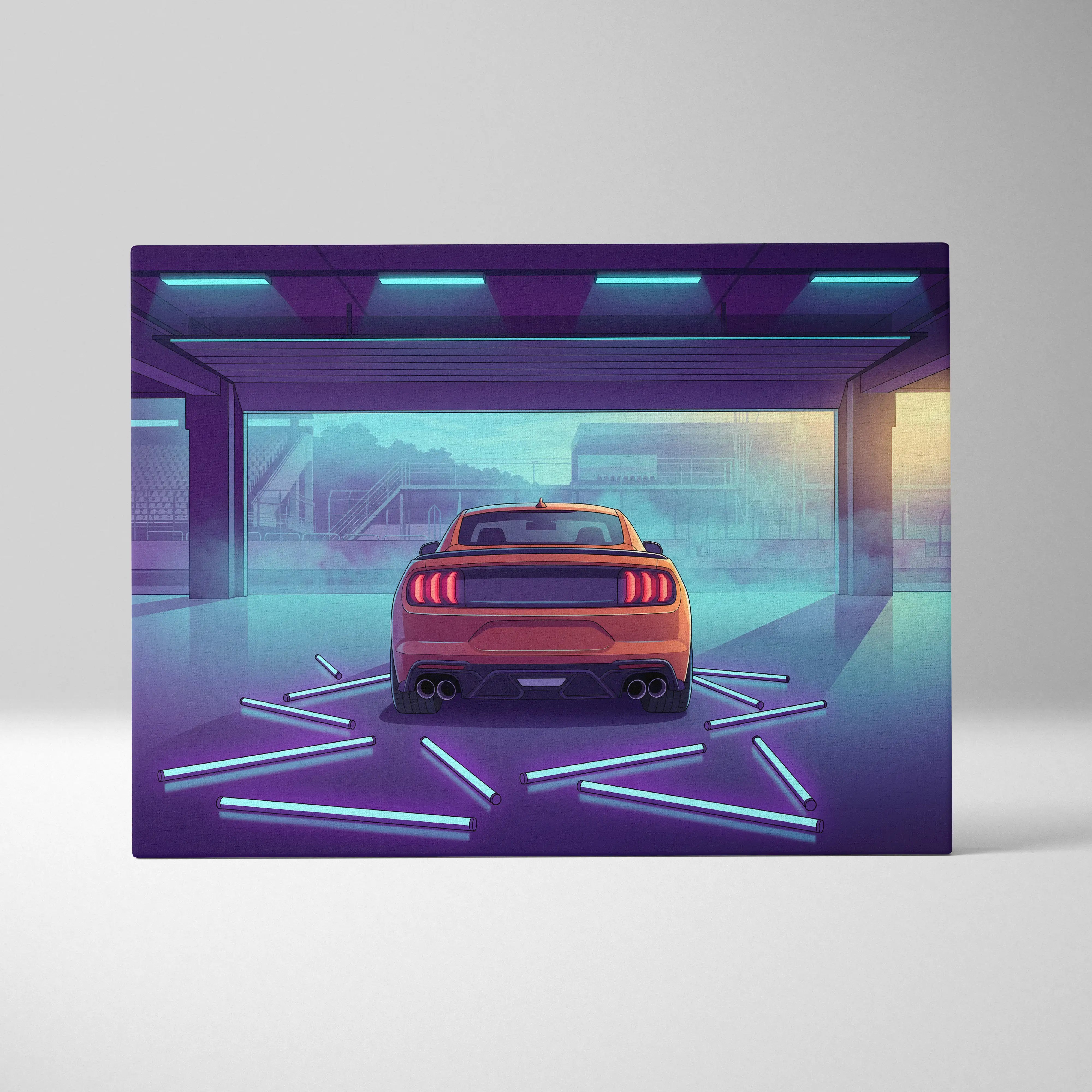 Ford Mustang Inspired Orange Purple Canvas Wall Art, Vaporwave Muscle Car Artwork, Neon Garage Decor, Retro Futuristic Auto Print