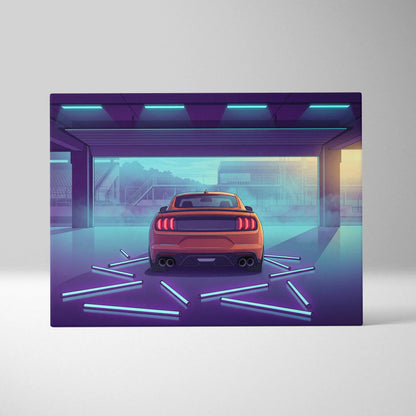 Ford Mustang Inspired Orange Purple Canvas Wall Art, Vaporwave Muscle Car Artwork, Neon Garage Decor, Retro Futuristic Auto Print