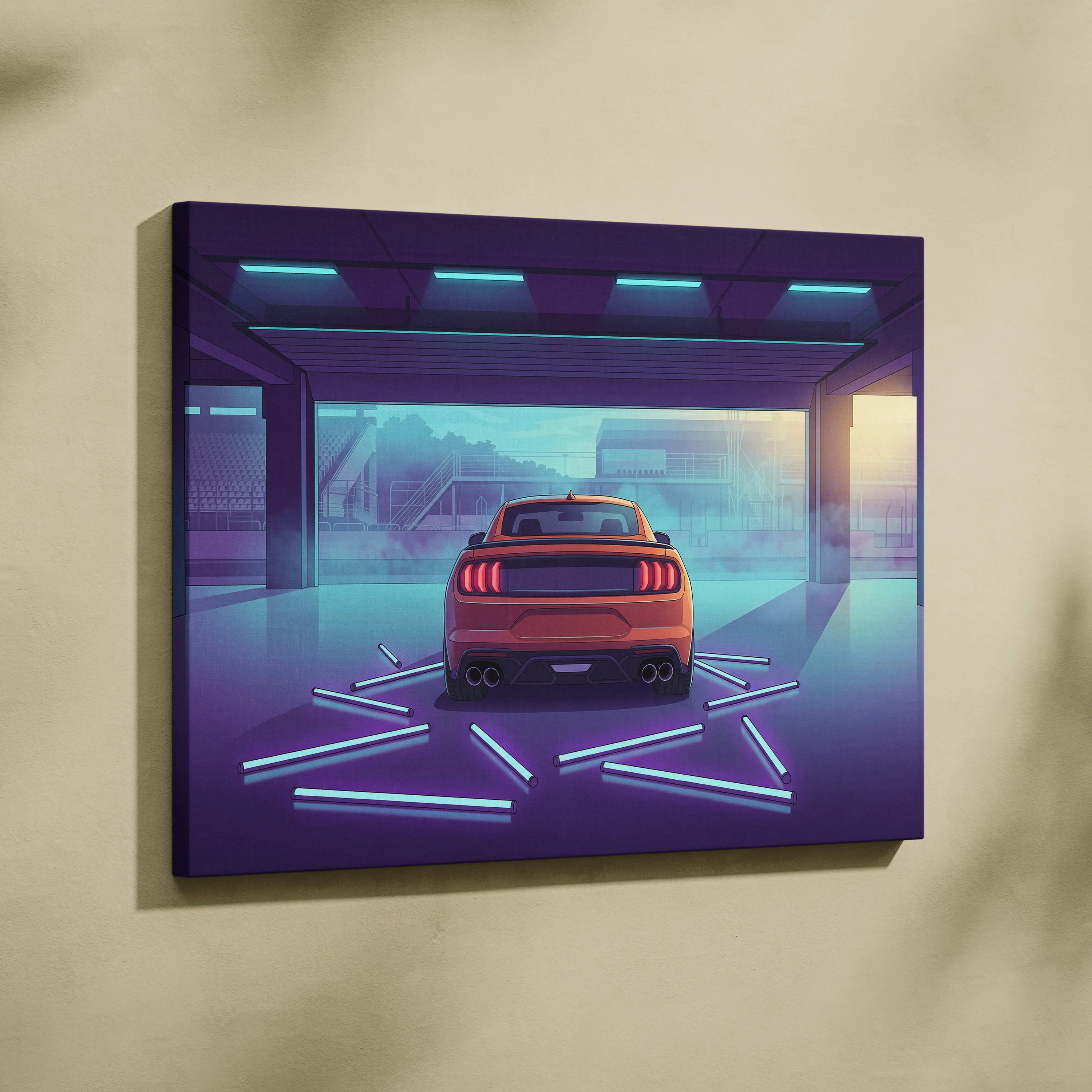 Ford Mustang Inspired Orange Purple Canvas Wall Art, Vaporwave Muscle Car Artwork, Neon Garage Decor, Retro Futuristic Auto Print