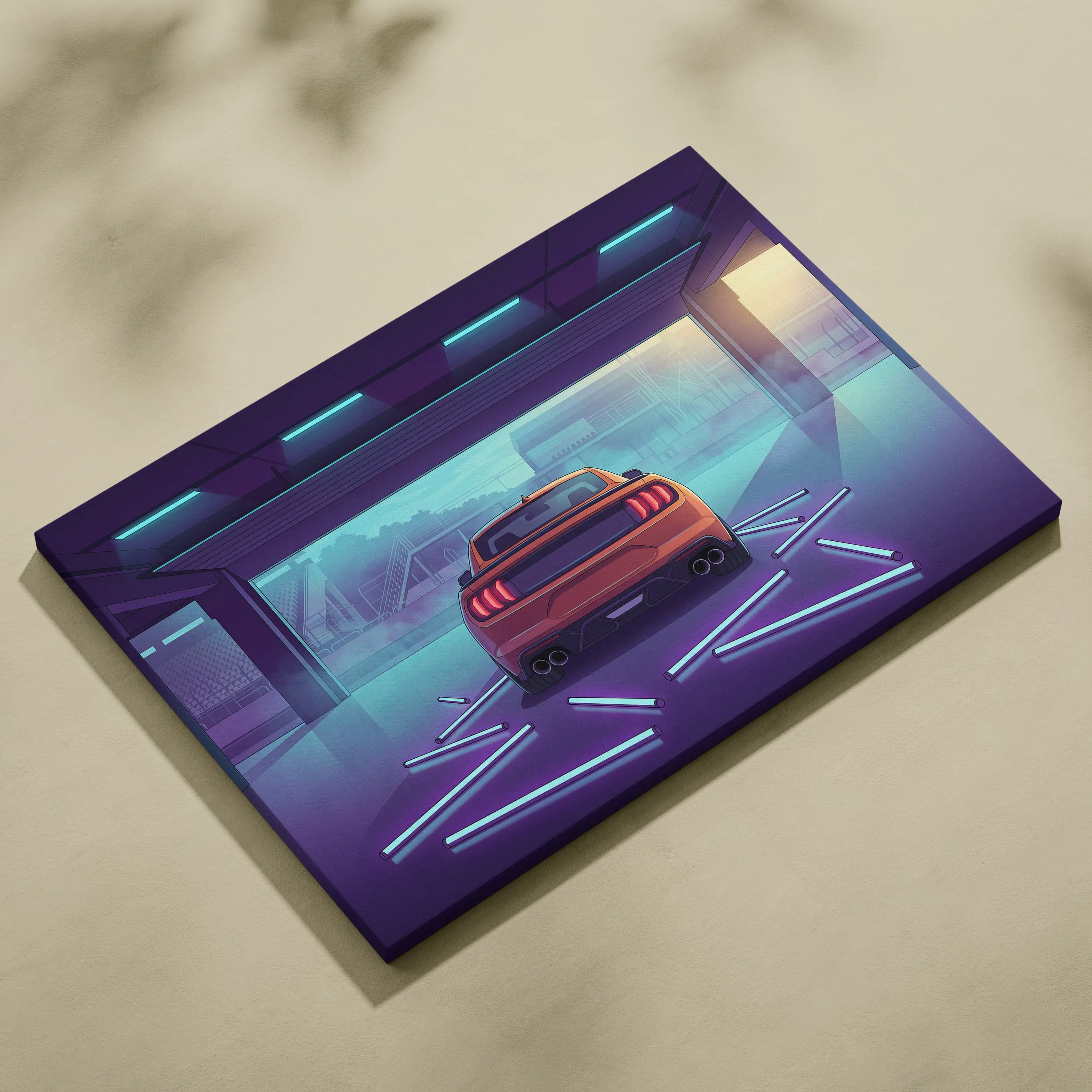 Ford Mustang Inspired Orange Purple Canvas Wall Art, Vaporwave Muscle Car Artwork, Neon Garage Decor, Retro Futuristic Auto Print