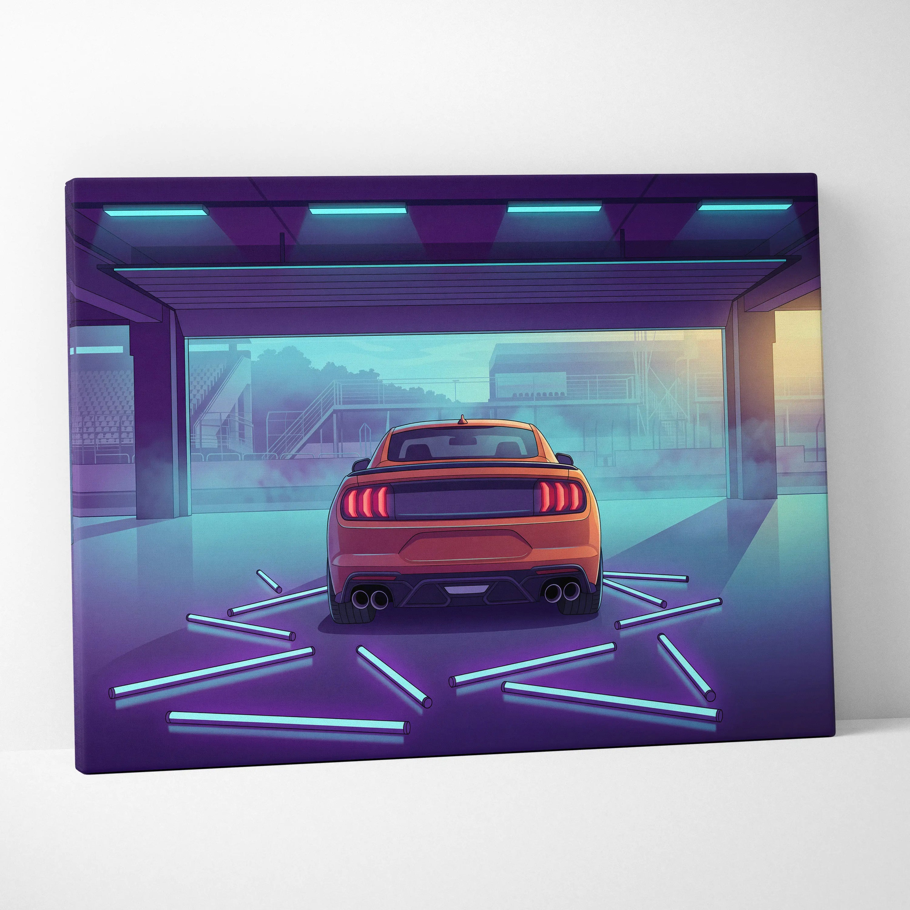 Ford Mustang Inspired Orange Purple Canvas Wall Art, Vaporwave Muscle Car Artwork, Neon Garage Decor, Retro Futuristic Auto Print