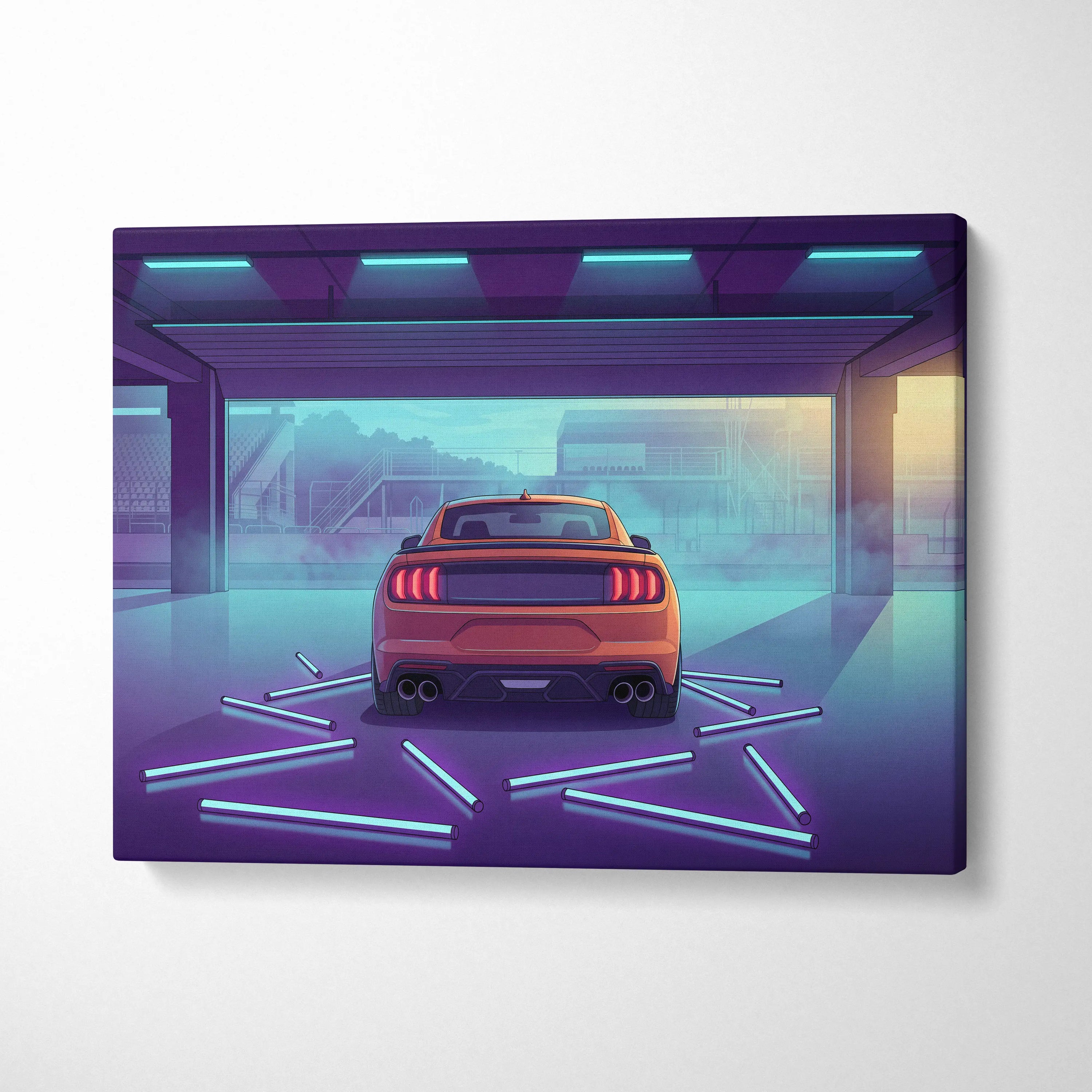 Ford Mustang Inspired Orange Purple Canvas Wall Art, Vaporwave Muscle Car Artwork, Neon Garage Decor, Retro Futuristic Auto Print