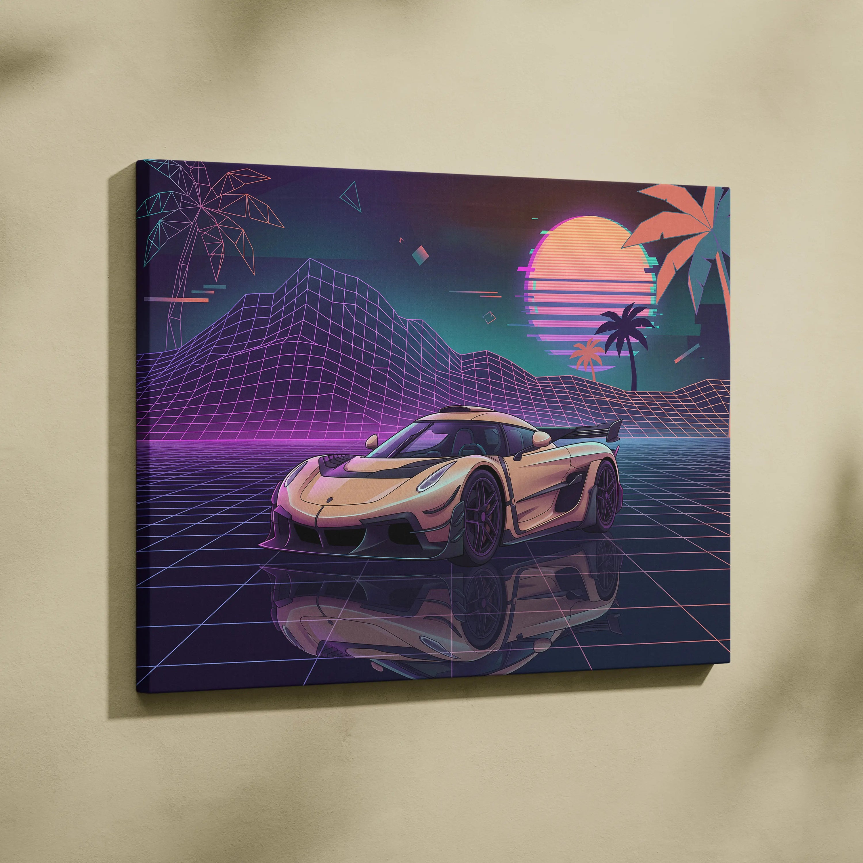 Koenigsegg Jesko Inspired Gold Purple Canvas Wall Art, Vaporwave Hypercar Artwork, Neon Grid Garage Decor, Retro Futuristic Exotic Print