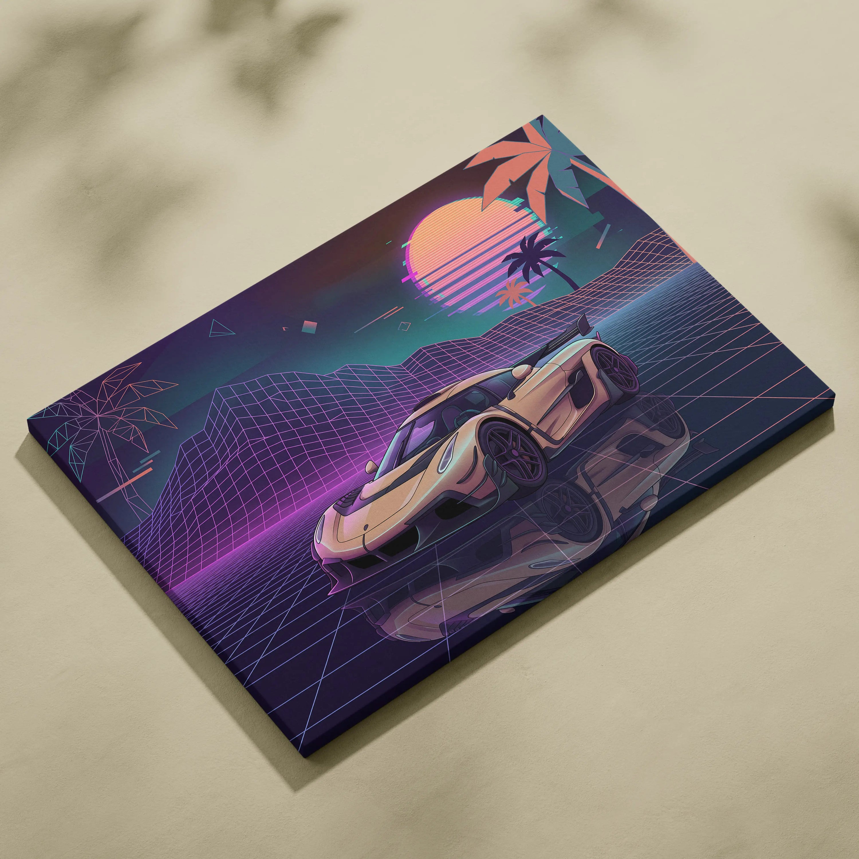 Koenigsegg Jesko Inspired Gold Purple Canvas Wall Art, Vaporwave Hypercar Artwork, Neon Grid Garage Decor, Retro Futuristic Exotic Print
