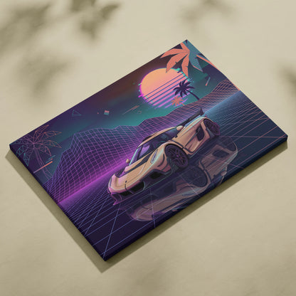 Koenigsegg Jesko Inspired Gold Purple Canvas Wall Art, Vaporwave Hypercar Artwork, Neon Grid Garage Decor, Retro Futuristic Exotic Print