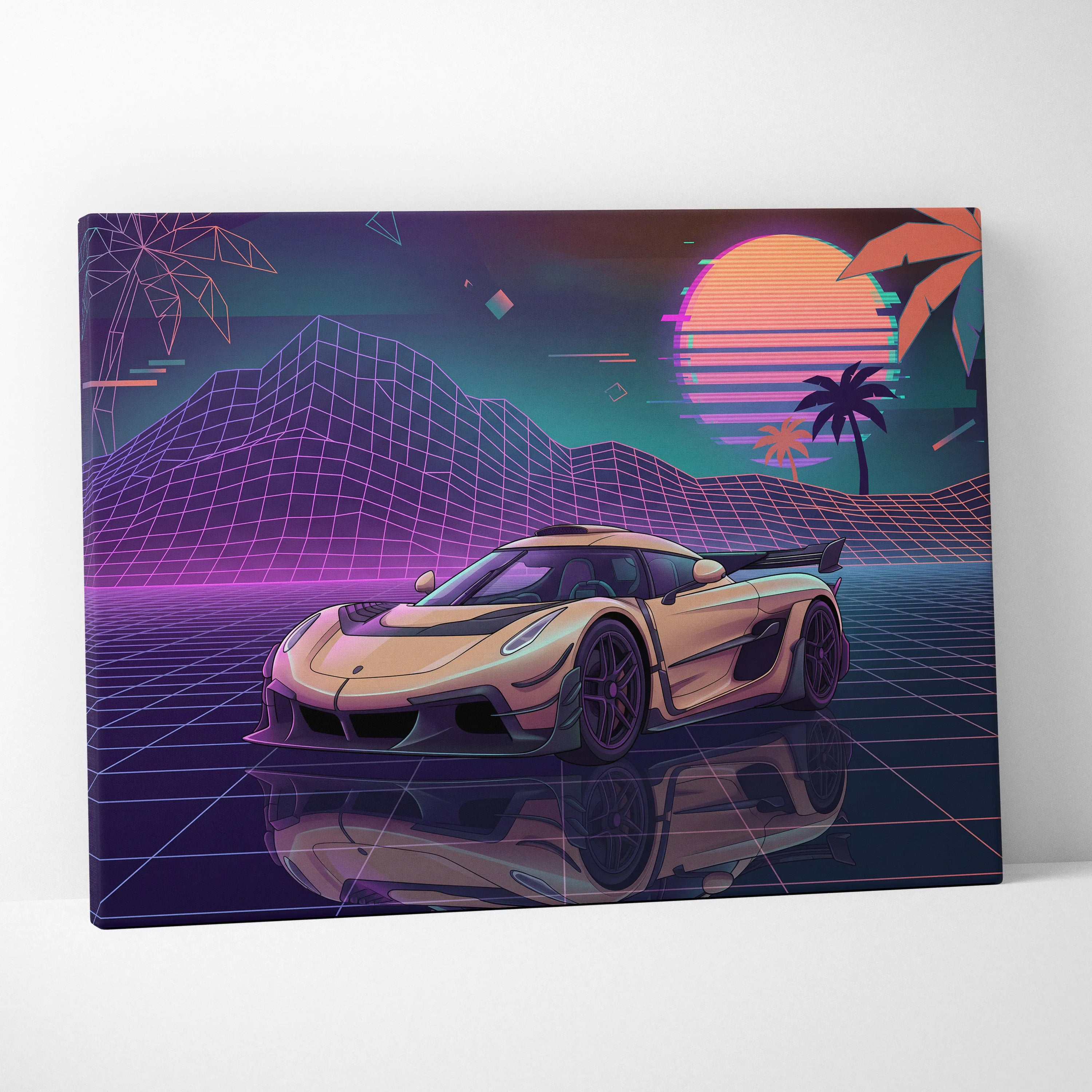 Koenigsegg Jesko Inspired Gold Purple Canvas Wall Art, Vaporwave Hypercar Artwork, Neon Grid Garage Decor, Retro Futuristic Exotic Print