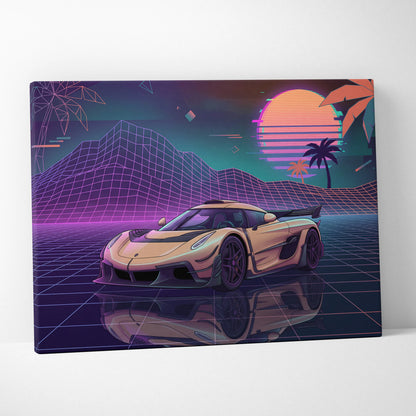 Koenigsegg Jesko Inspired Gold Purple Canvas Wall Art, Vaporwave Hypercar Artwork, Neon Grid Garage Decor, Retro Futuristic Exotic Print