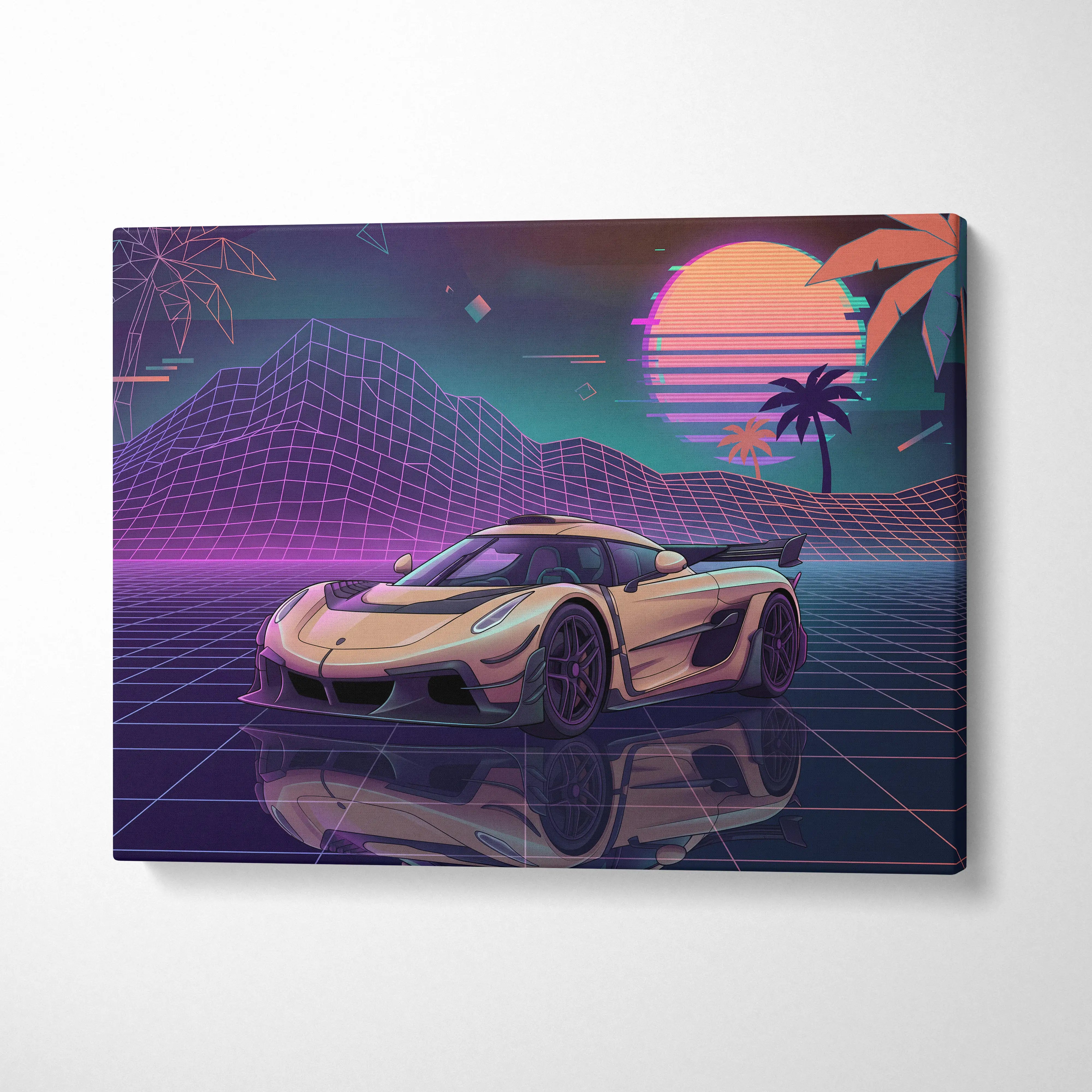 Koenigsegg Jesko Inspired Gold Purple Canvas Wall Art, Vaporwave Hypercar Artwork, Neon Grid Garage Decor, Retro Futuristic Exotic Print