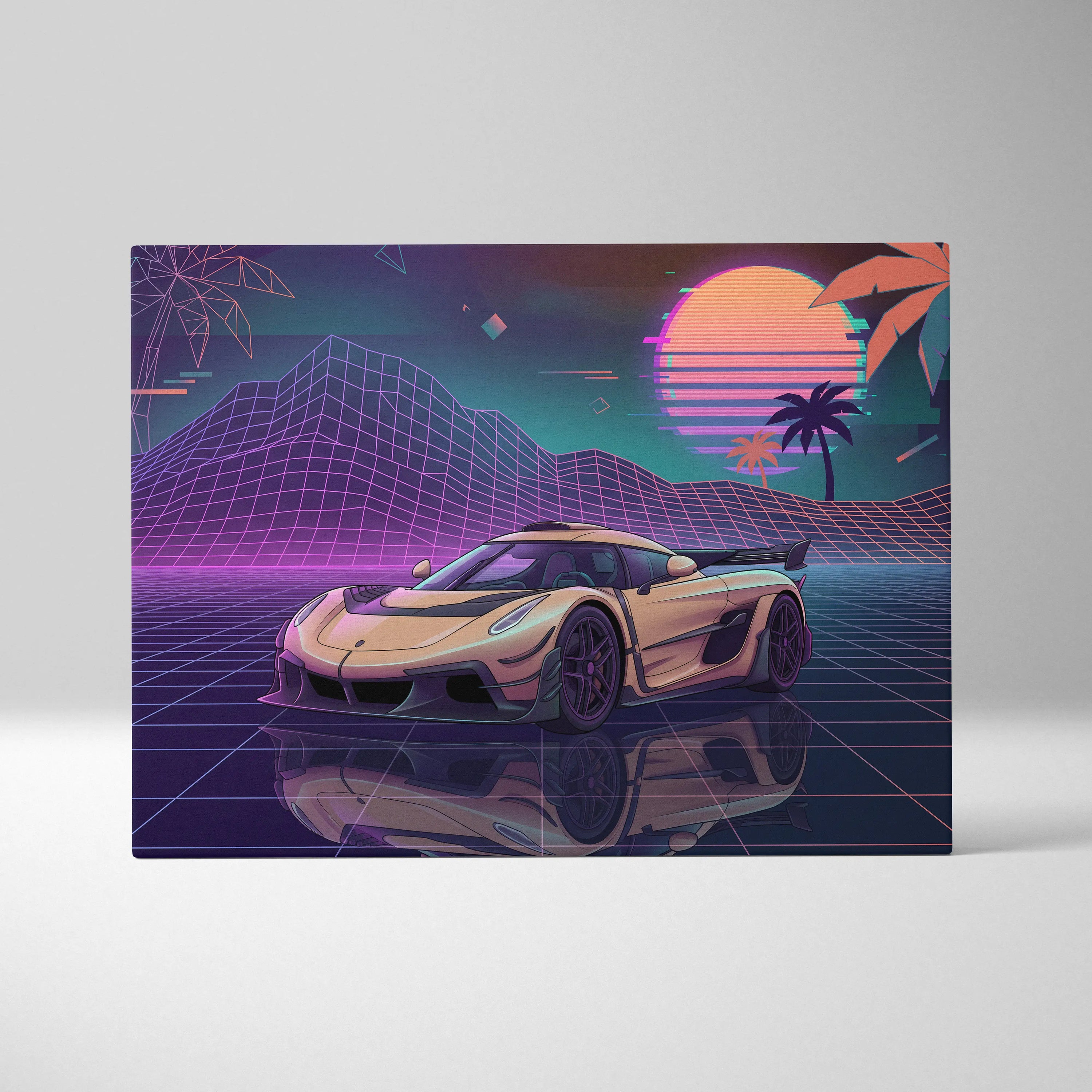 Koenigsegg Jesko Inspired Gold Purple Canvas Wall Art, Vaporwave Hypercar Artwork, Neon Grid Garage Decor, Retro Futuristic Exotic Print