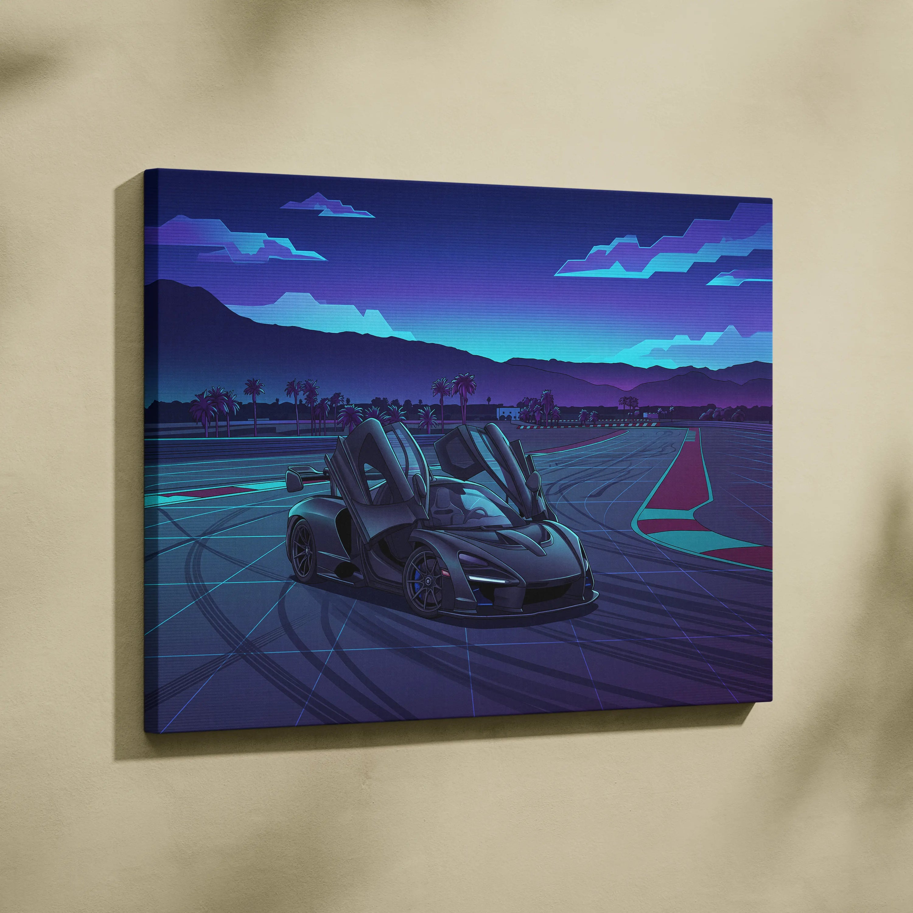 McLaren Senna Inspired Gray Purple Canvas Wall Art, Vaporwave Hypercar Artwork, Neon Track Garage Decor, Retro Futuristic Exotic Print