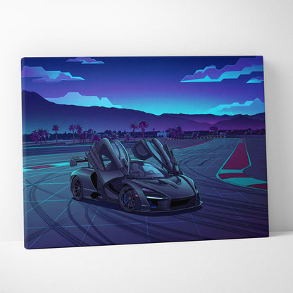 McLaren Senna Inspired Gray Purple Canvas Wall Art, Vaporwave Hypercar Artwork, Neon Track Garage Decor, Retro Futuristic Exotic Print