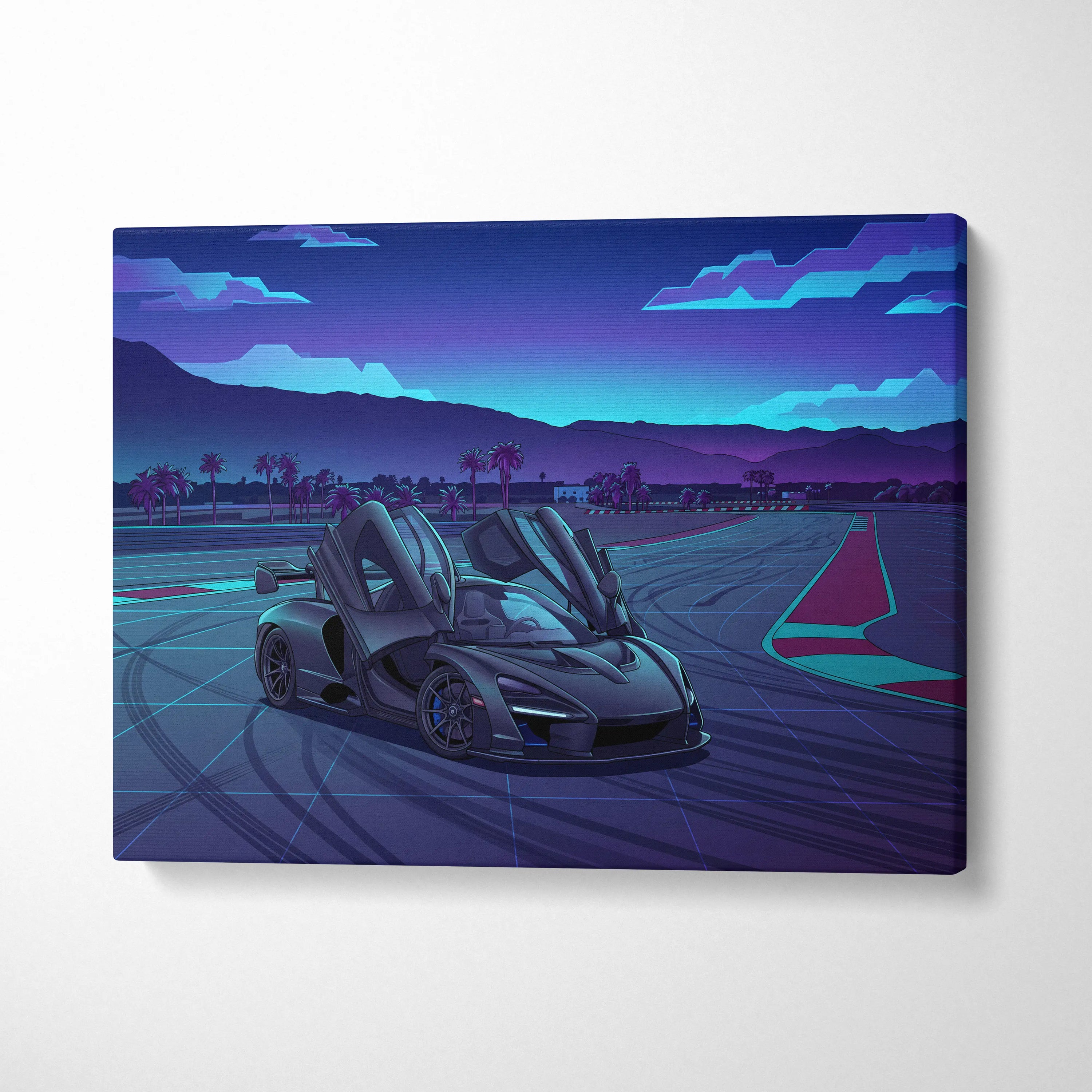 McLaren Senna Inspired Gray Purple Canvas Wall Art, Vaporwave Hypercar Artwork, Neon Track Garage Decor, Retro Futuristic Exotic Print