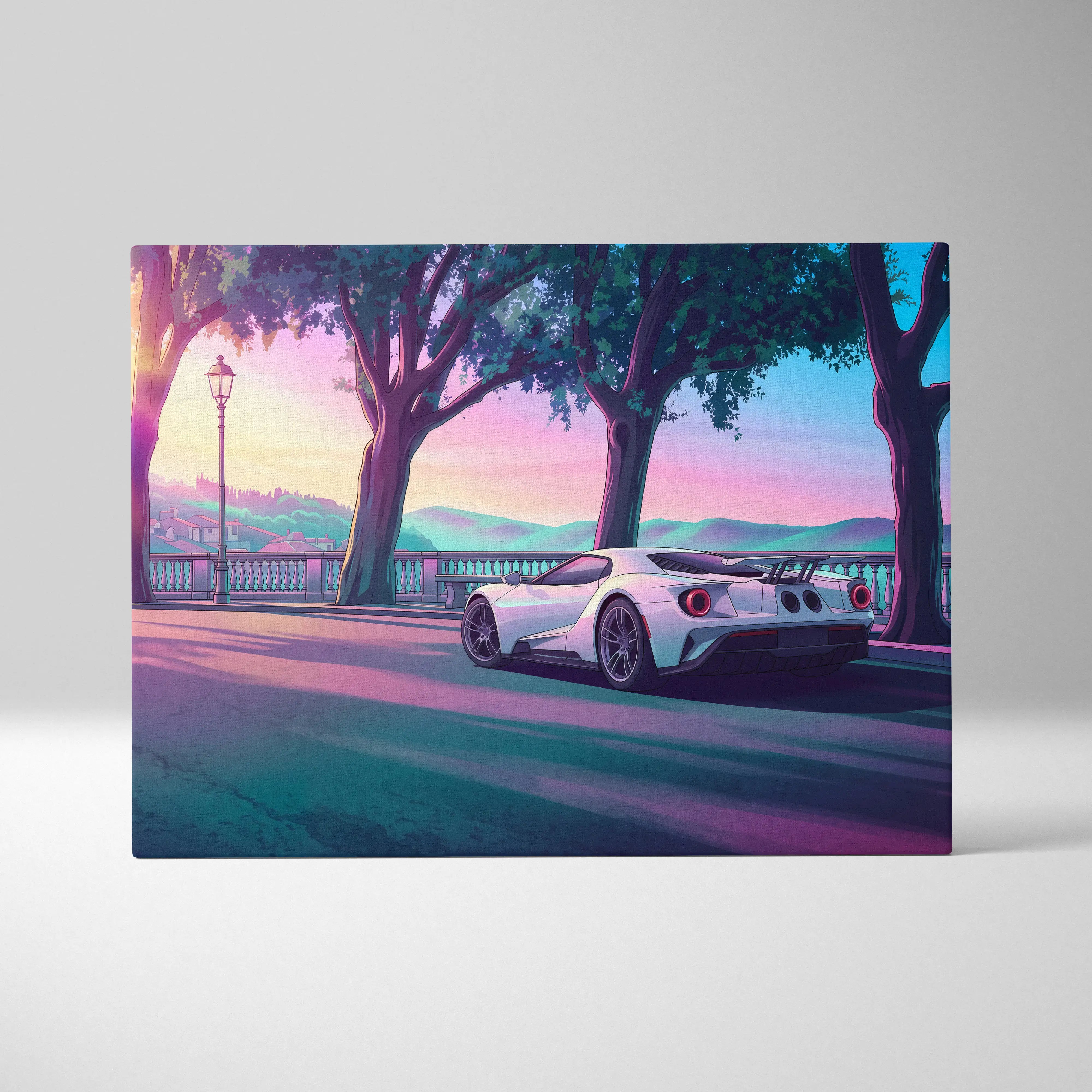 Ford GT Inspired White Pink Canvas Wall Art, Vaporwave Supercar Artwork, Neon Coastal Drive Decor, Retro Futuristic Garage Print